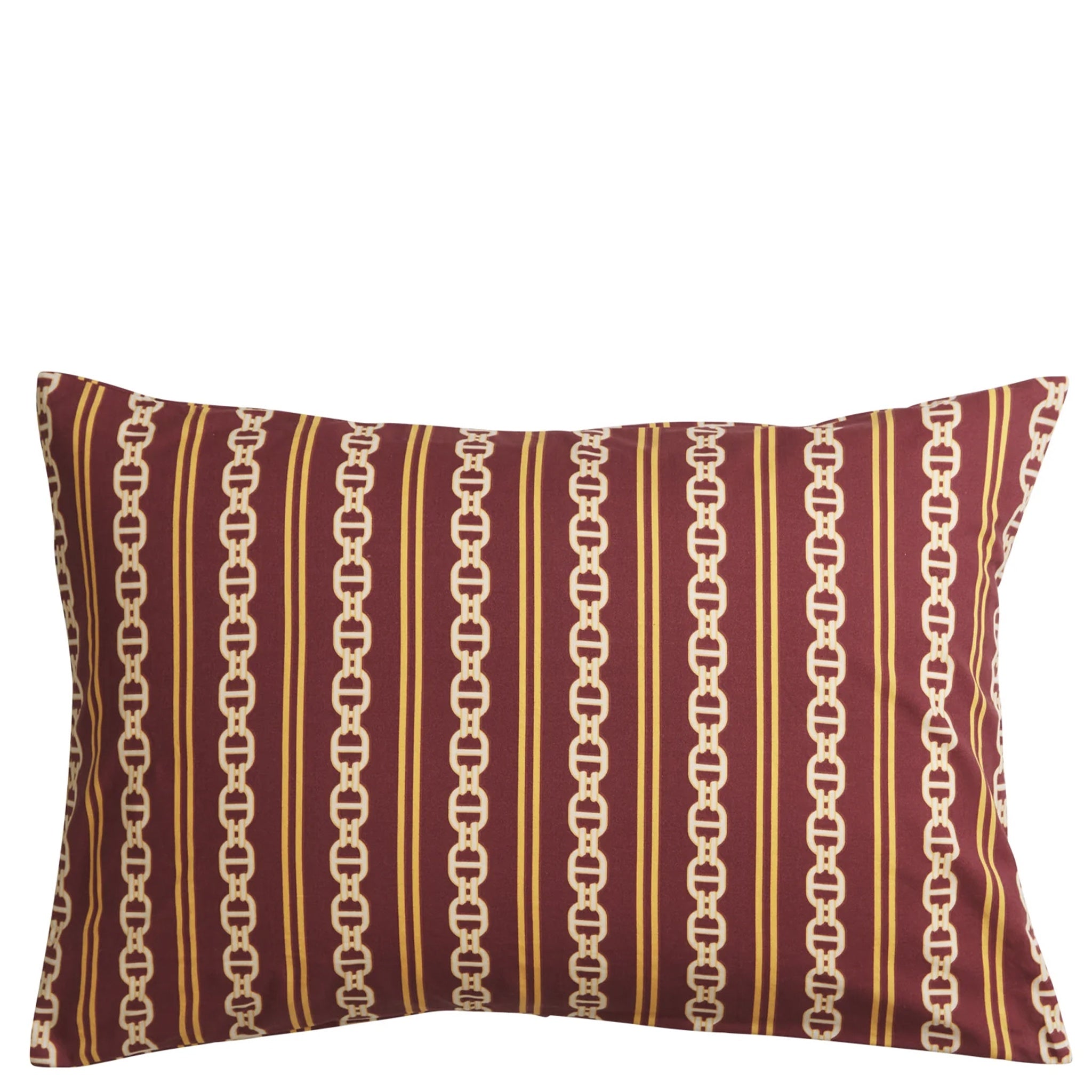 A mahogany-colored organic cotton pillowslip with a geometric pattern featuring a stripe and chain design.