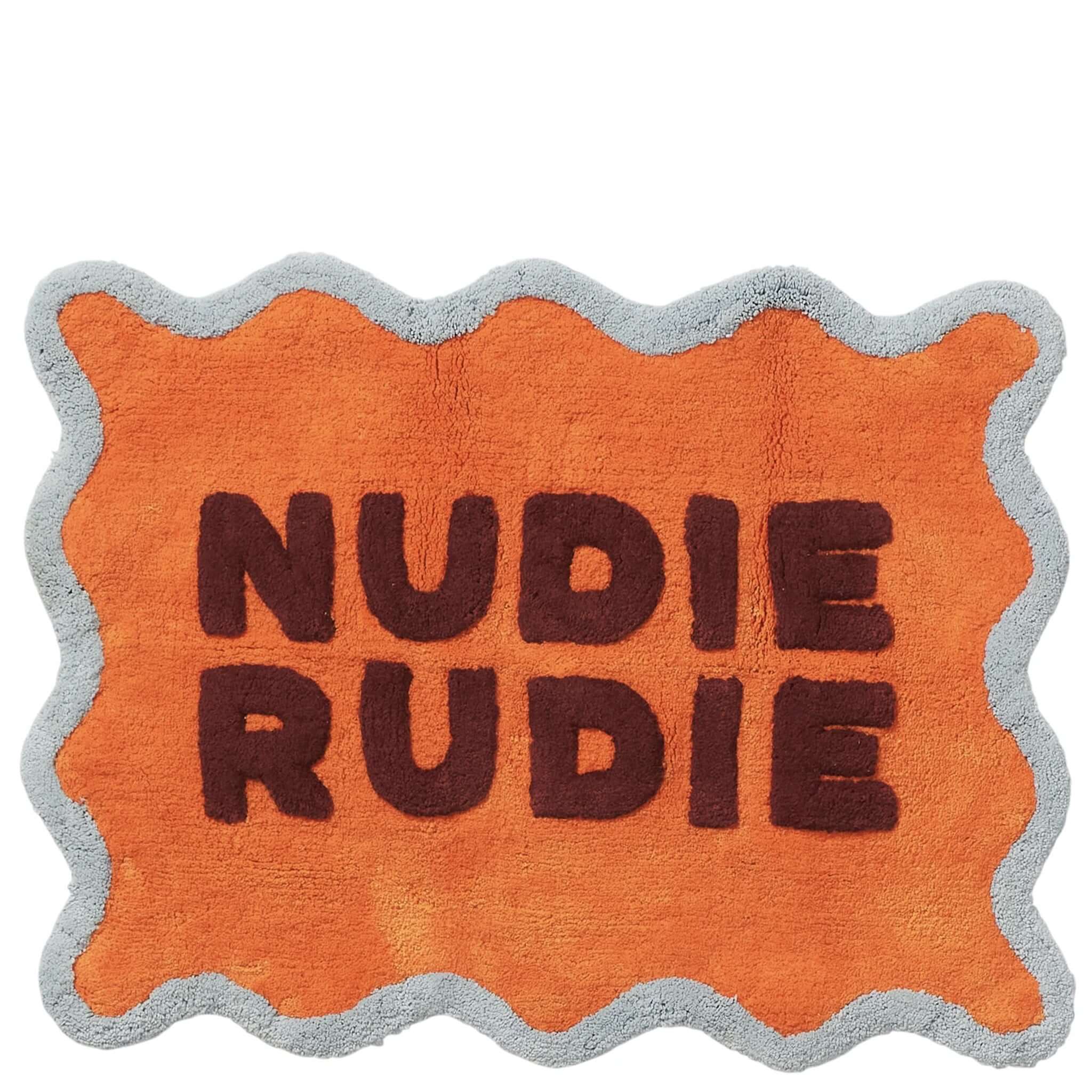 Sage x Clare Amalie Nudie Bath Mat - Orangerie in vibrant orange with 'NUDIE RUDIE' text design.