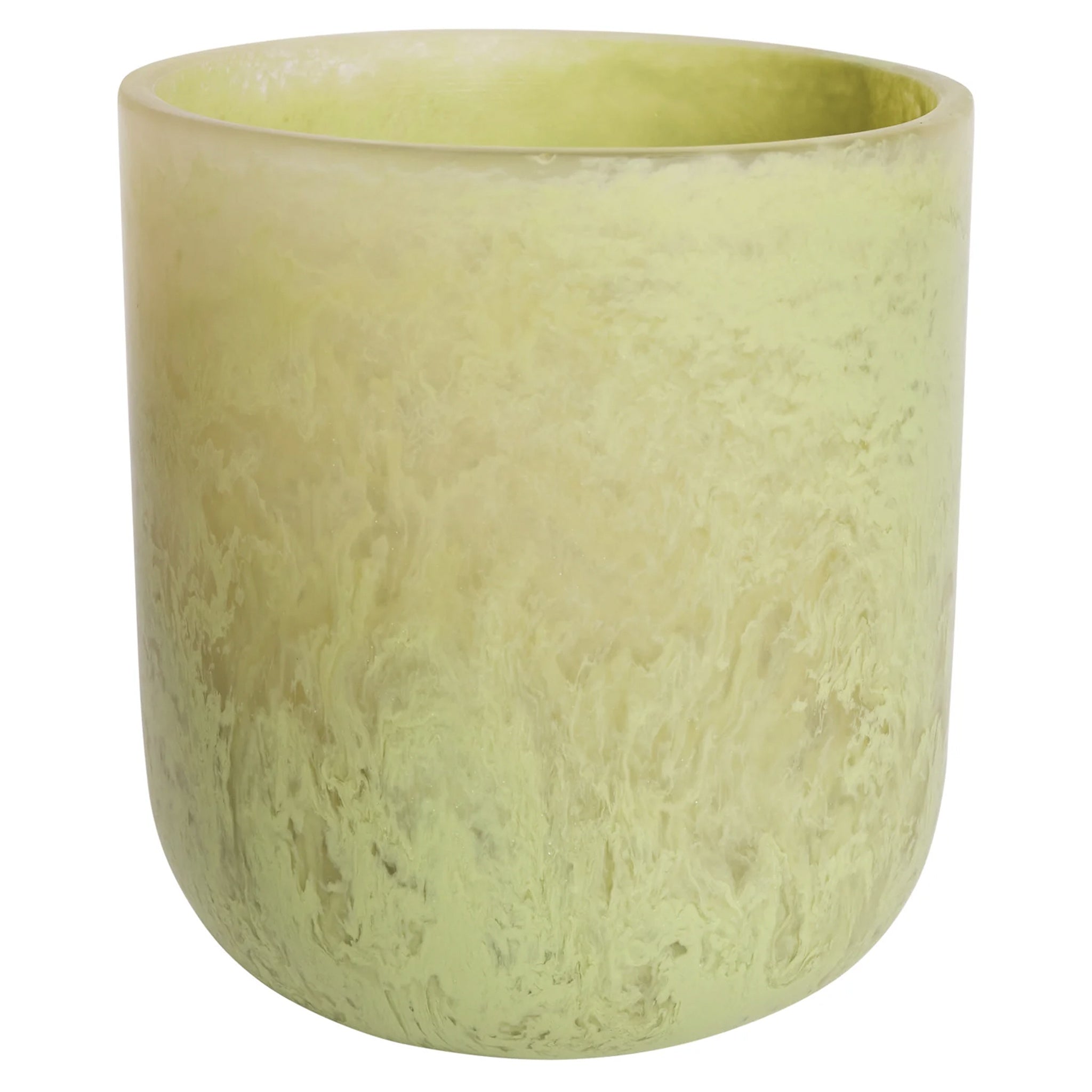 A hand-poured pistachio green resin vase with a mid-century inspired design.