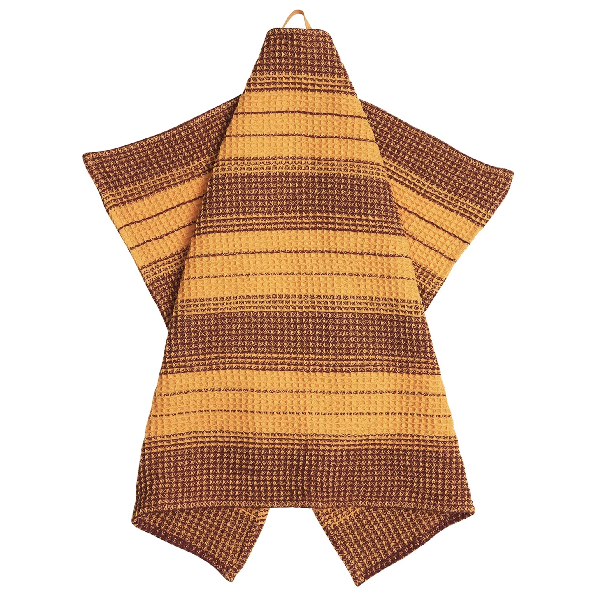 A folded organic cotton tea towel with a striped pattern in beige and brown colors, displayed with a woven hanging loop.