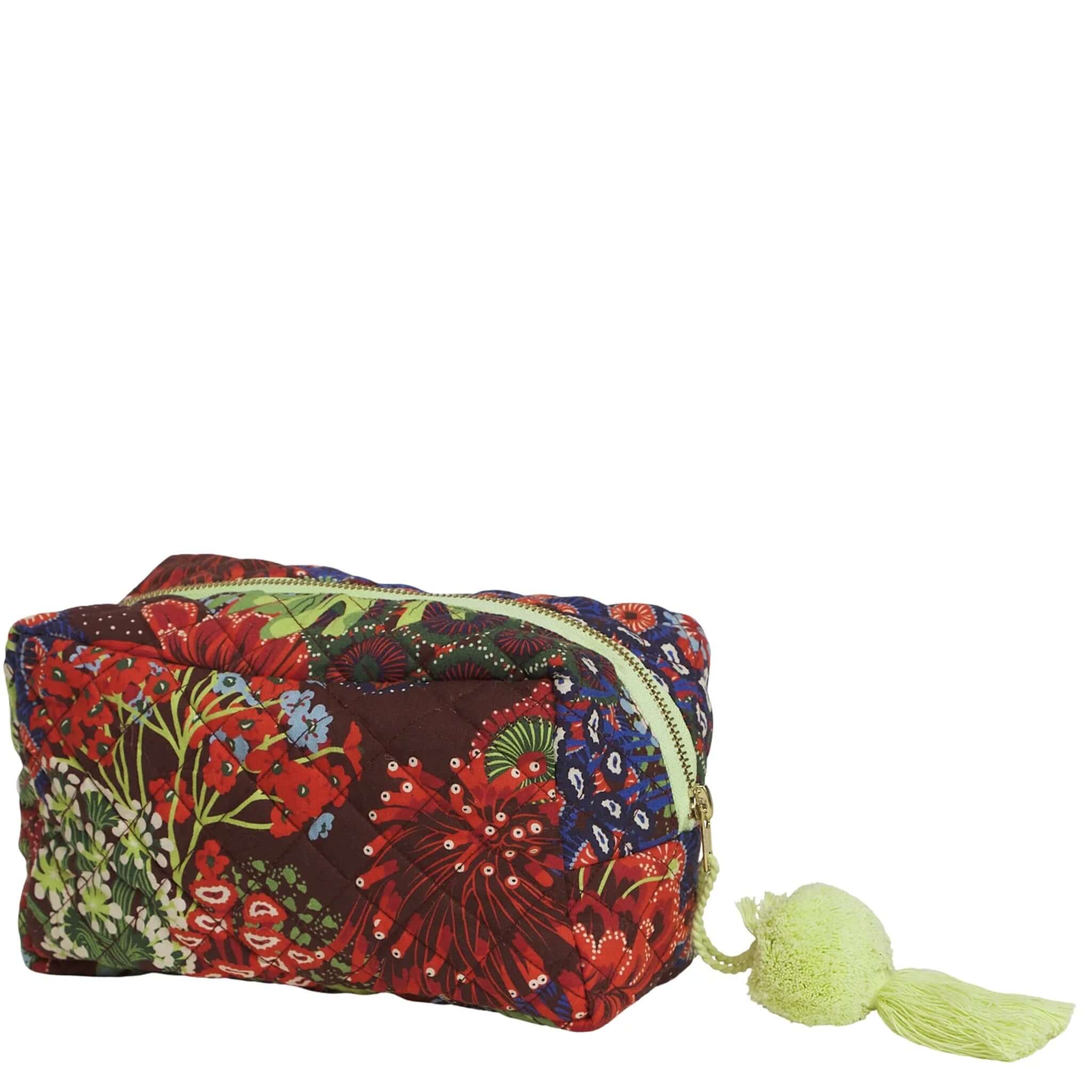 Sage x Clare Cora Organic Cotton Beauty Bag with floral print and lime green tassel zip pull.