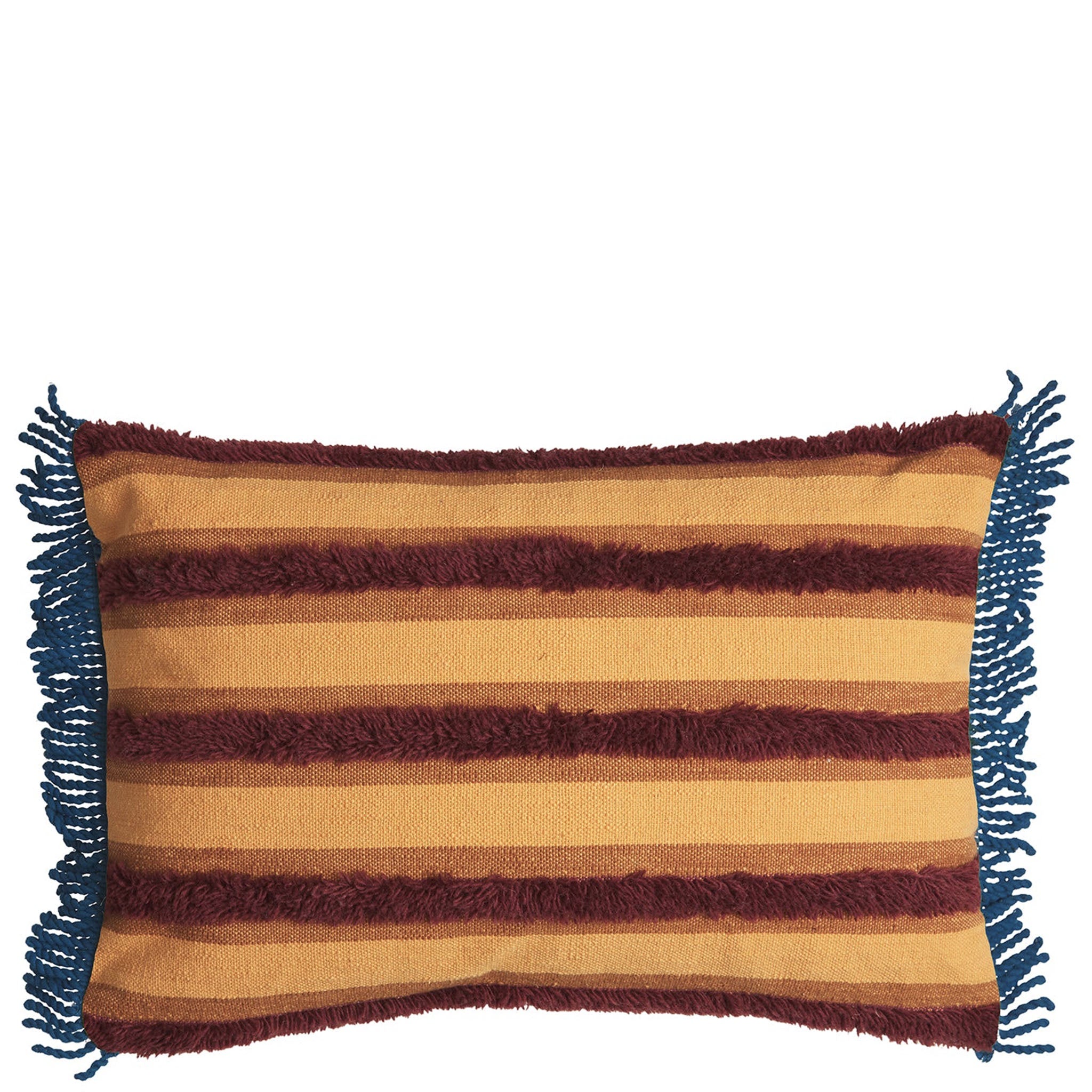 A rectangular cushion with a striped pattern in beige, brown, and blue colors, featuring hand-tufted detailing and fringe edges.