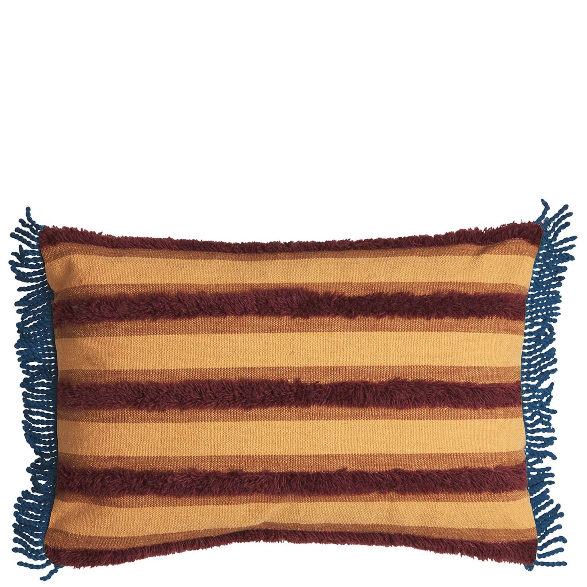 A rectangular cushion with a striped pattern in beige, brown, and blue colors, featuring hand-tufted detailing and fringe edges.