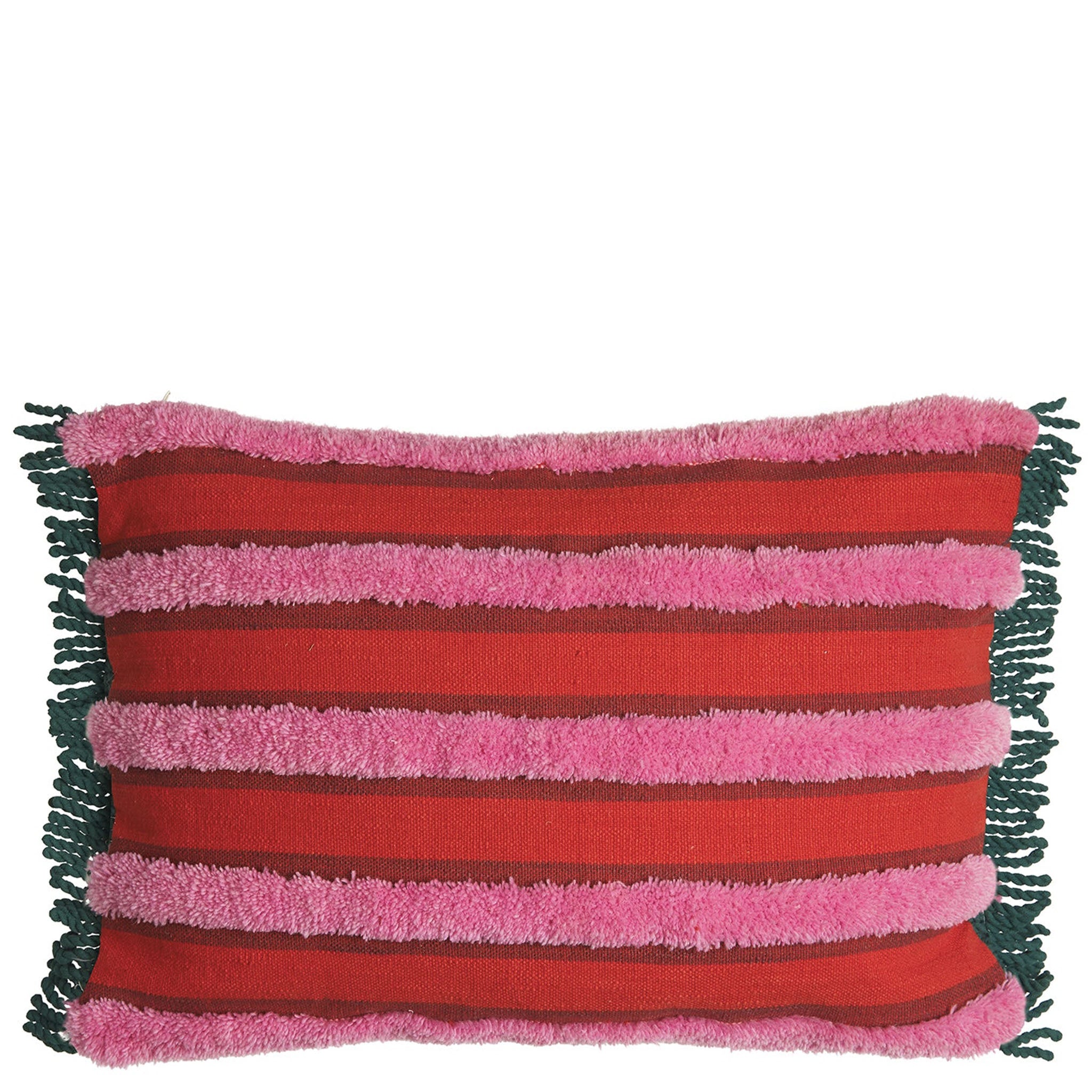 A rectangular tufted cushion with red and pink stripes and green fringe edges.