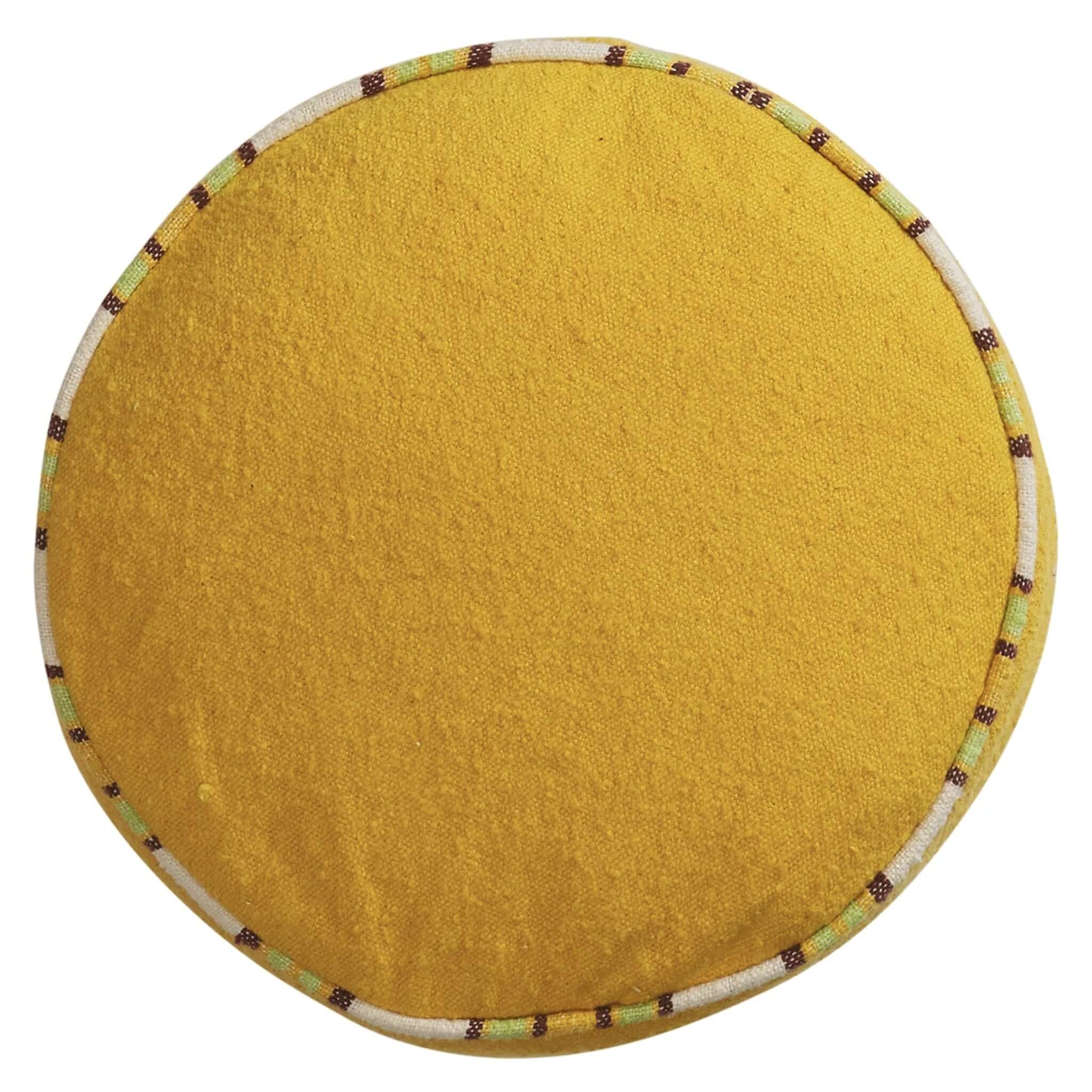 Round yellow cushion with decorative border on a white background