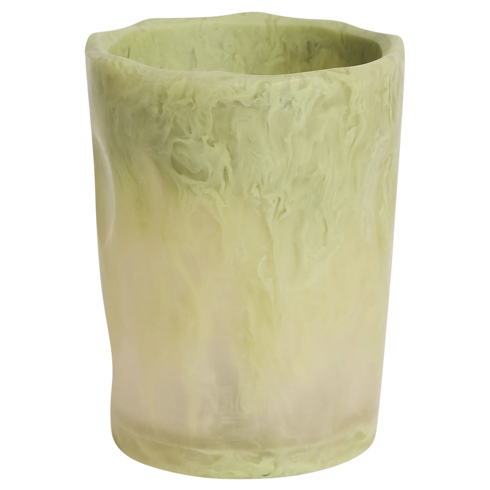 A pistachio green resin drinking vessel with an irregular, organic shape.