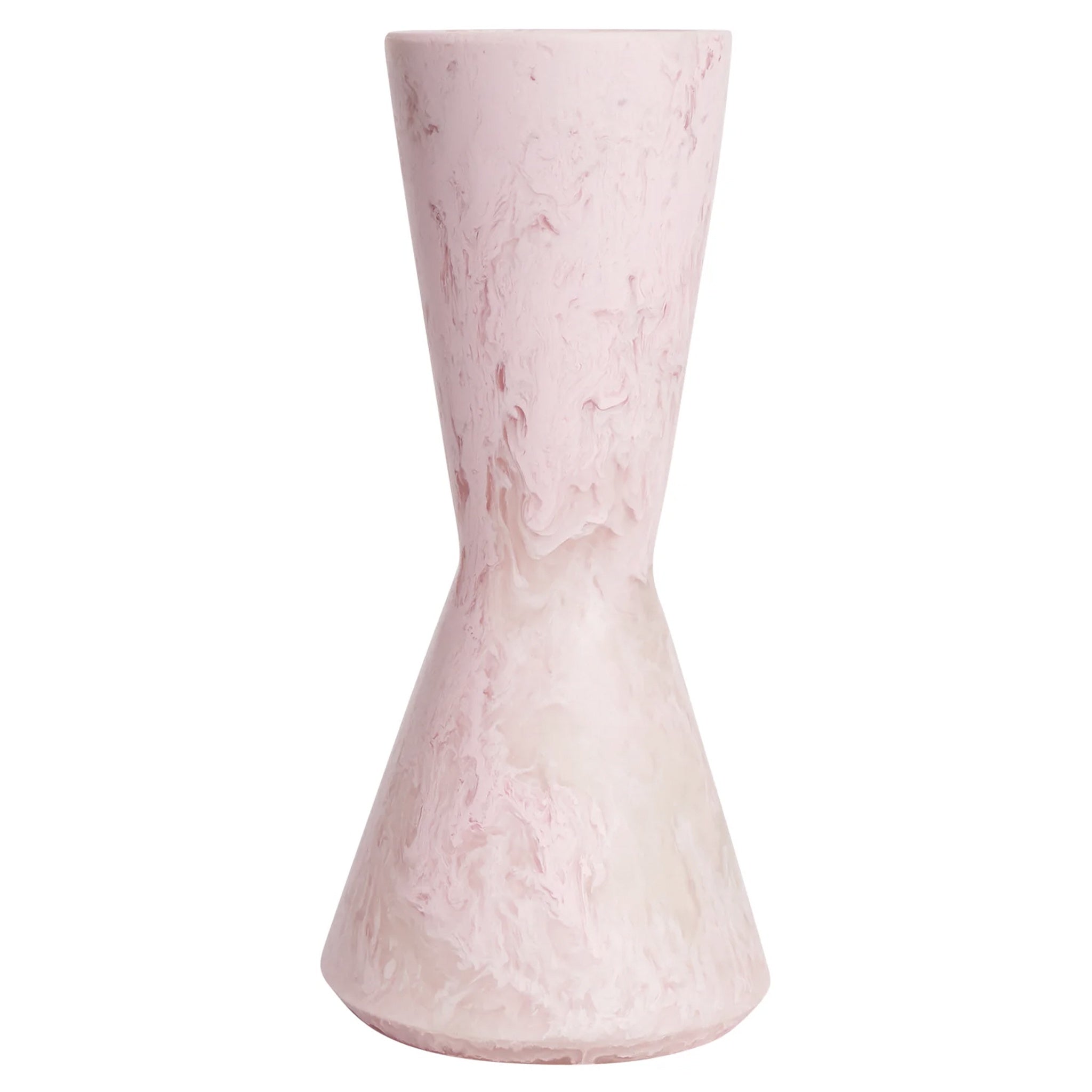 A conical resin vase with a pink hue, featuring a narrower top and bottom with a wider middle section, intended for holding small floral arrangements.