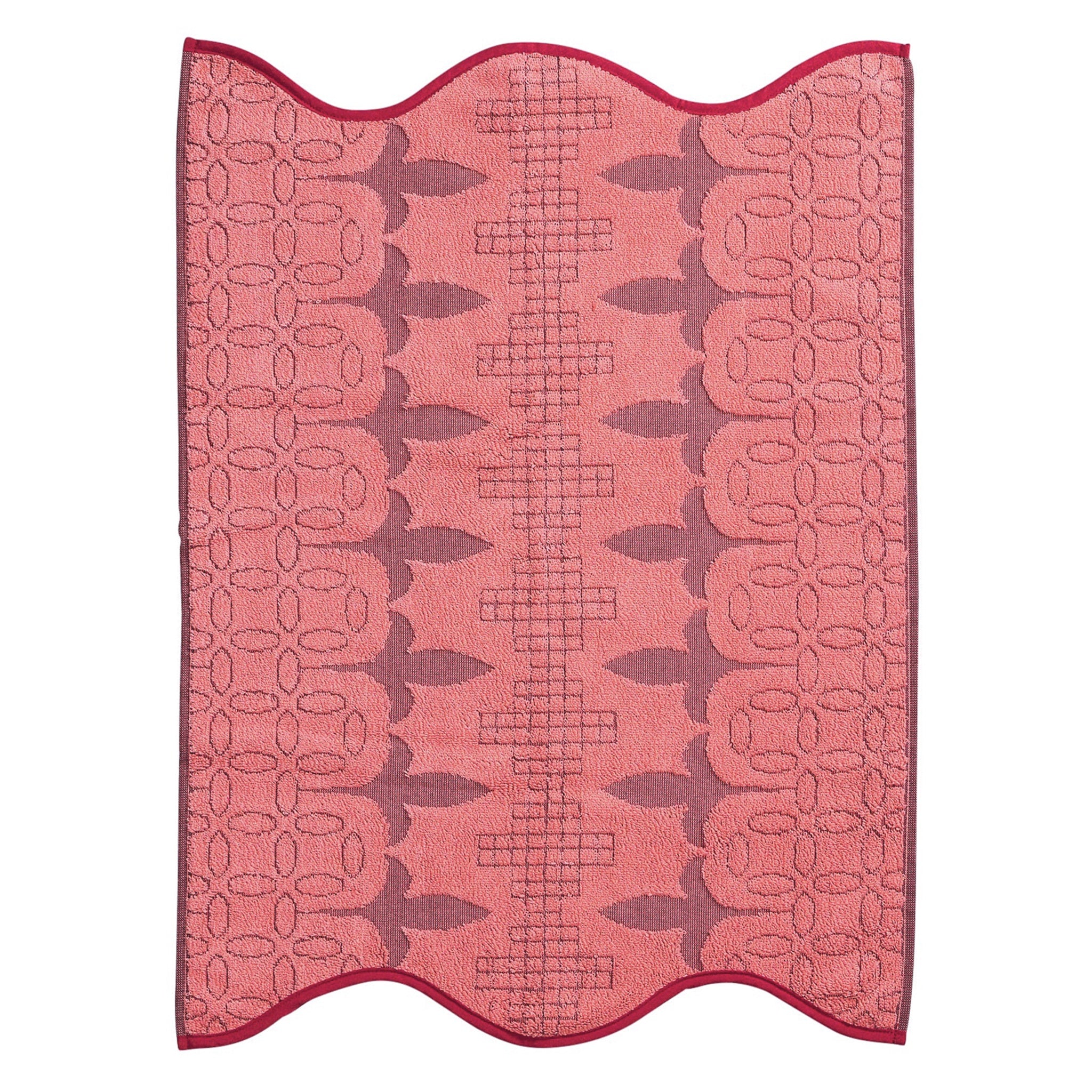 Pink hand towel with decorative pattern on a white background