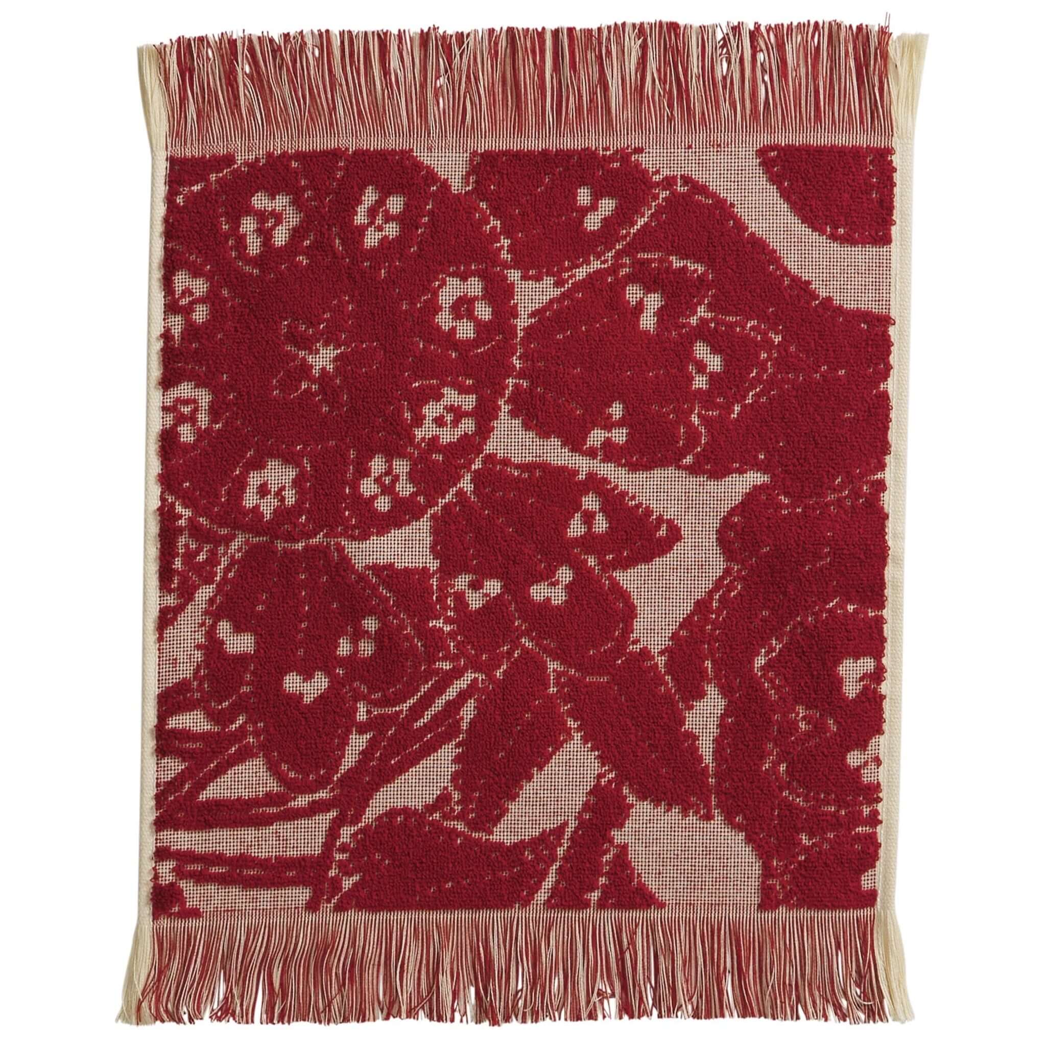 Alt Tag: Sage x Clare Lucia Face Washer Set - Crimson plush terry face washers with fringed edges in crimson floral pattern