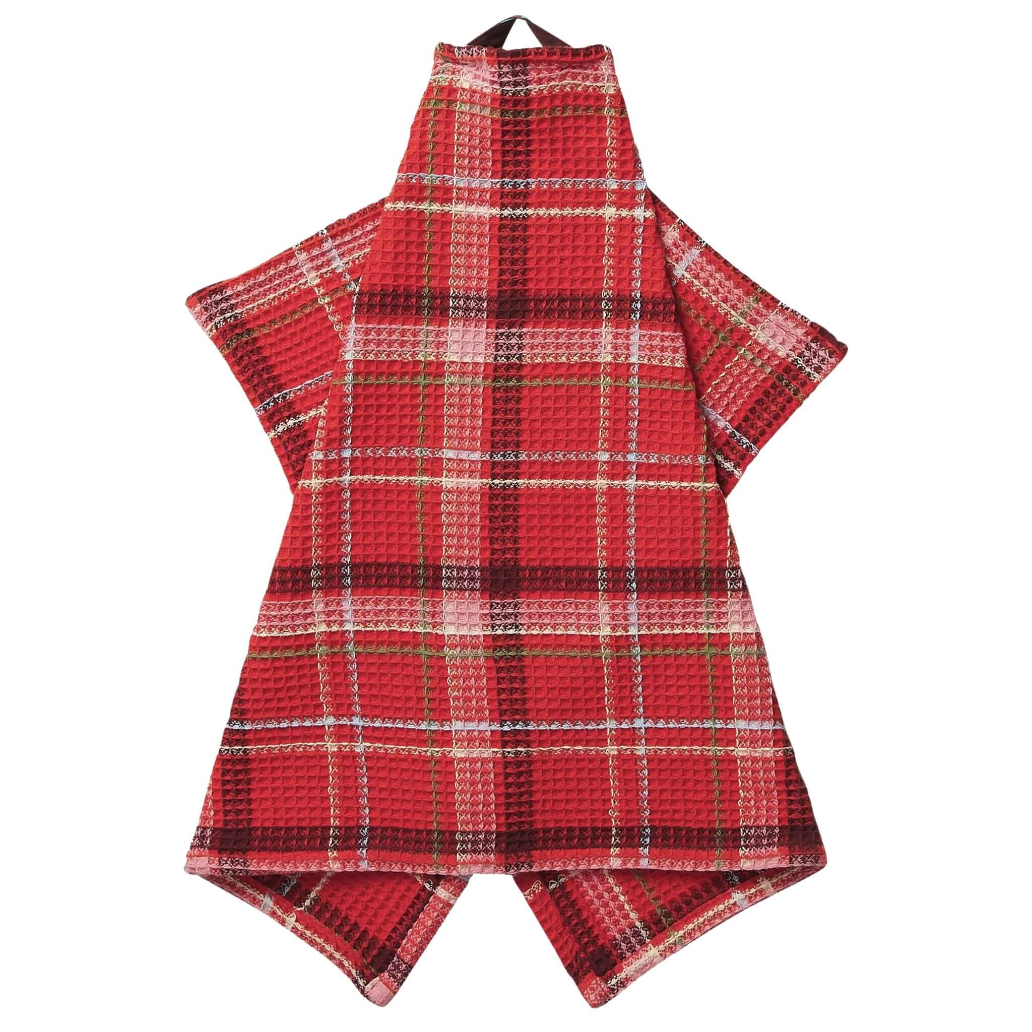 Sage x Clare Frances Organic Cotton Waffle Tea Towel - Poppy in red plaid and checks on a white background.