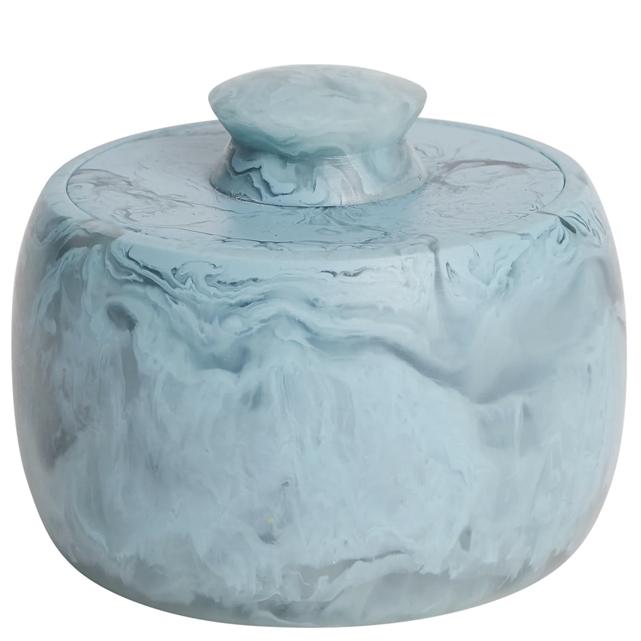 A round Sage x Clare Resin Halleck Canister with a swirling smoke-like pattern in muted colors.