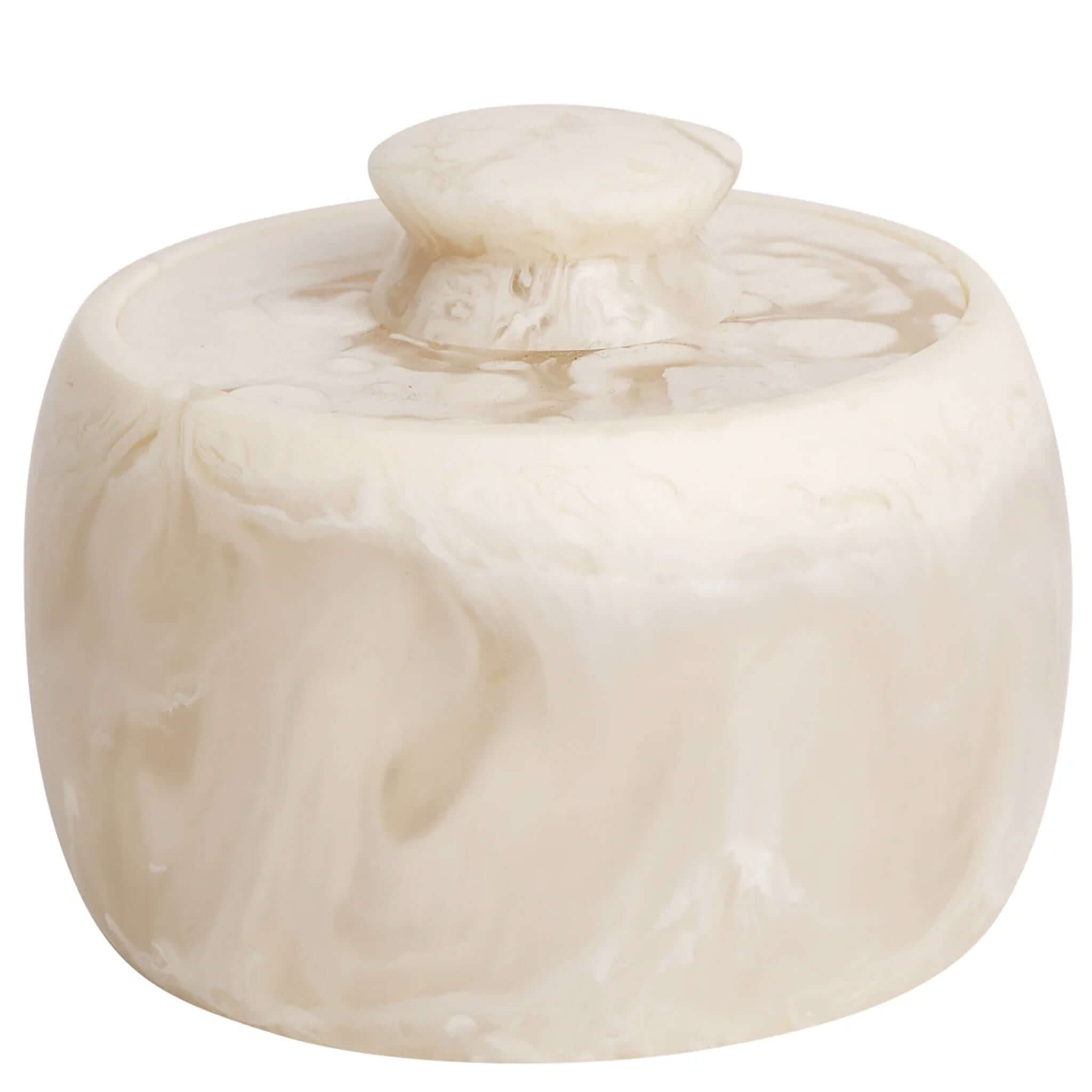 A beige and white marbled resin canister with a matching lid, hand-poured and swirled, with a minimalist design.
