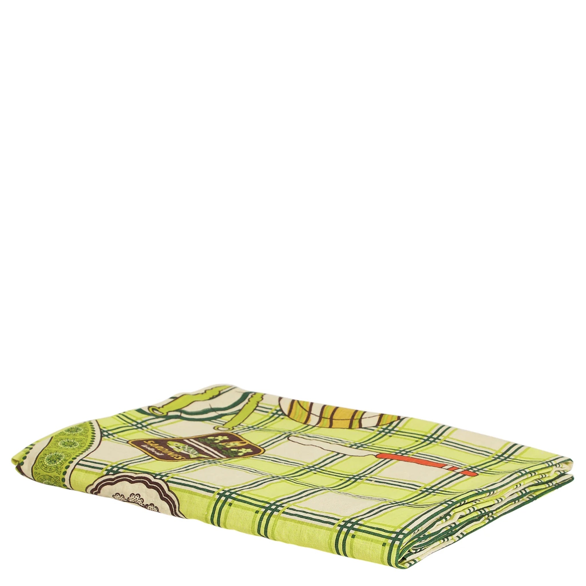Folded green checkered tablecloth on a white background