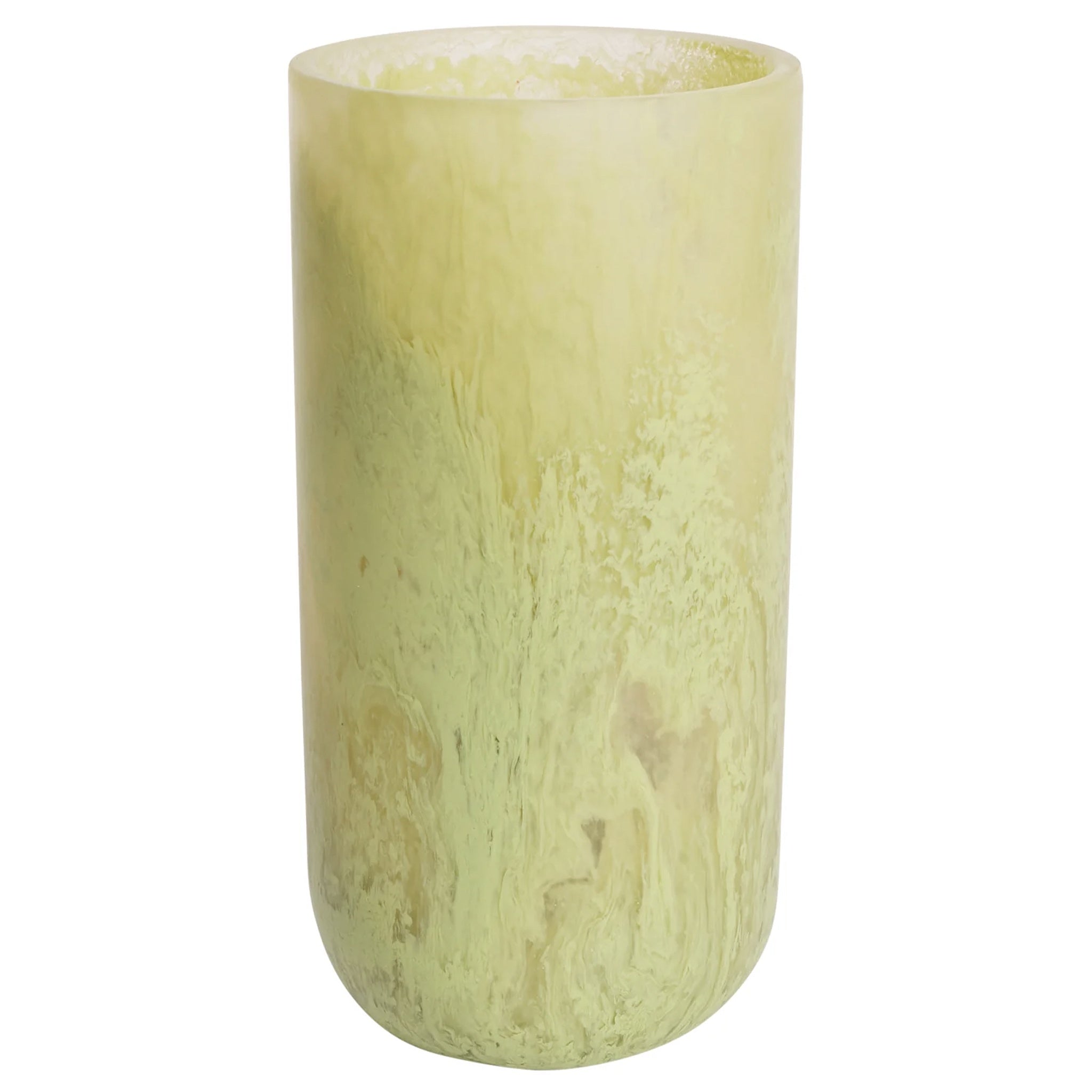 A cylindrical pistachio-colored resin vase with a smooth surface.