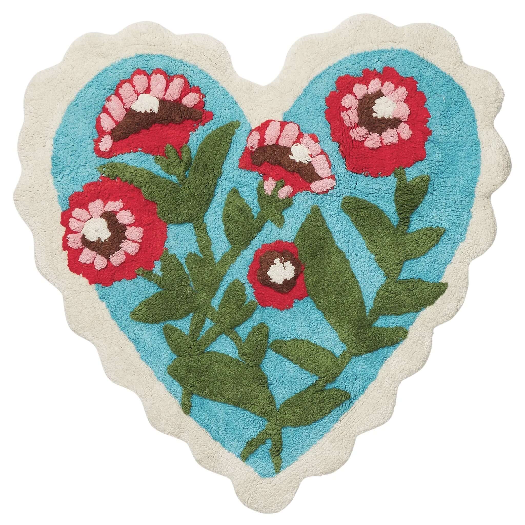Sage x Clare Loretta Bath Mat, plush heart-shaped mat with flowers on a turquoise background.