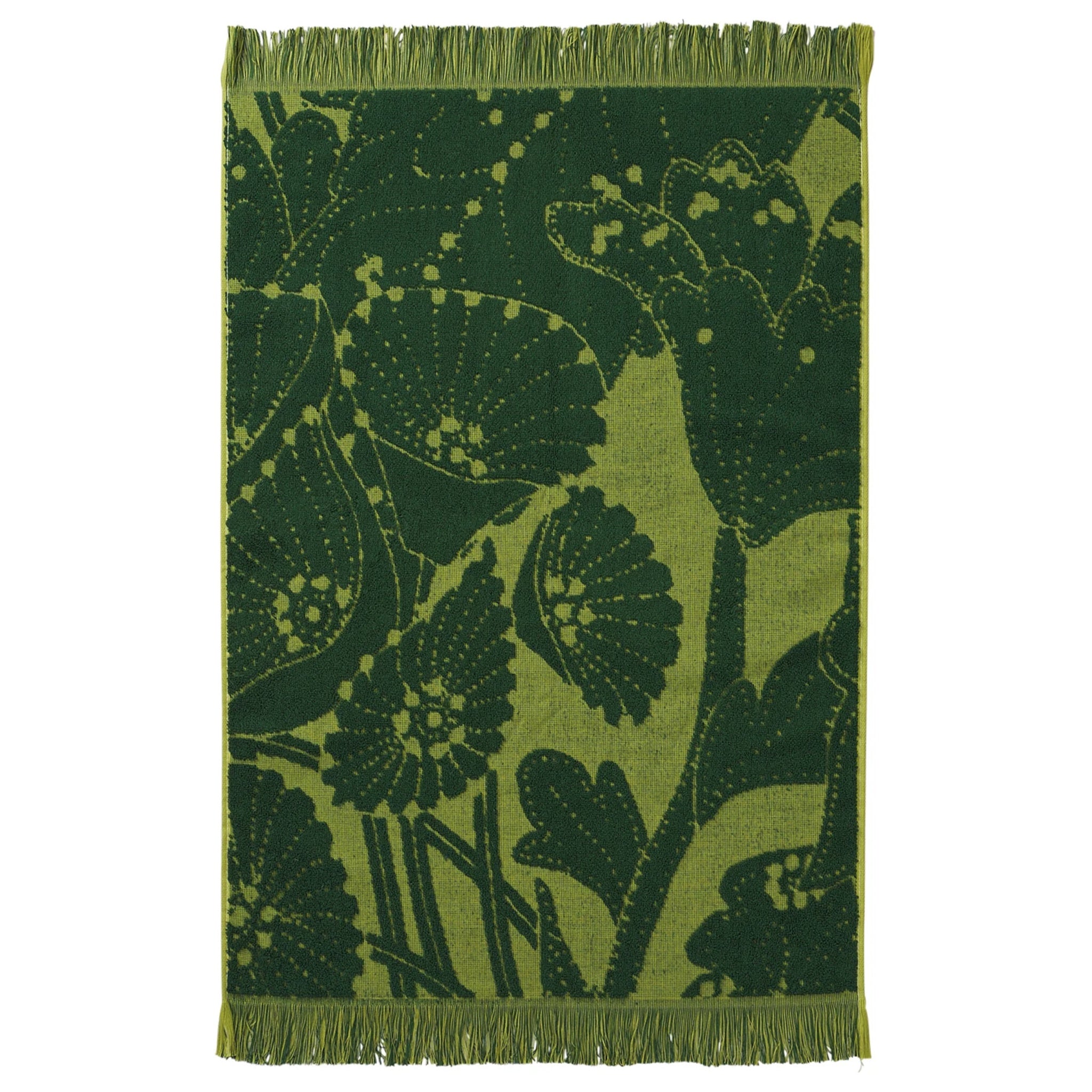 Green floral patterned hand towel with fringe on a white background