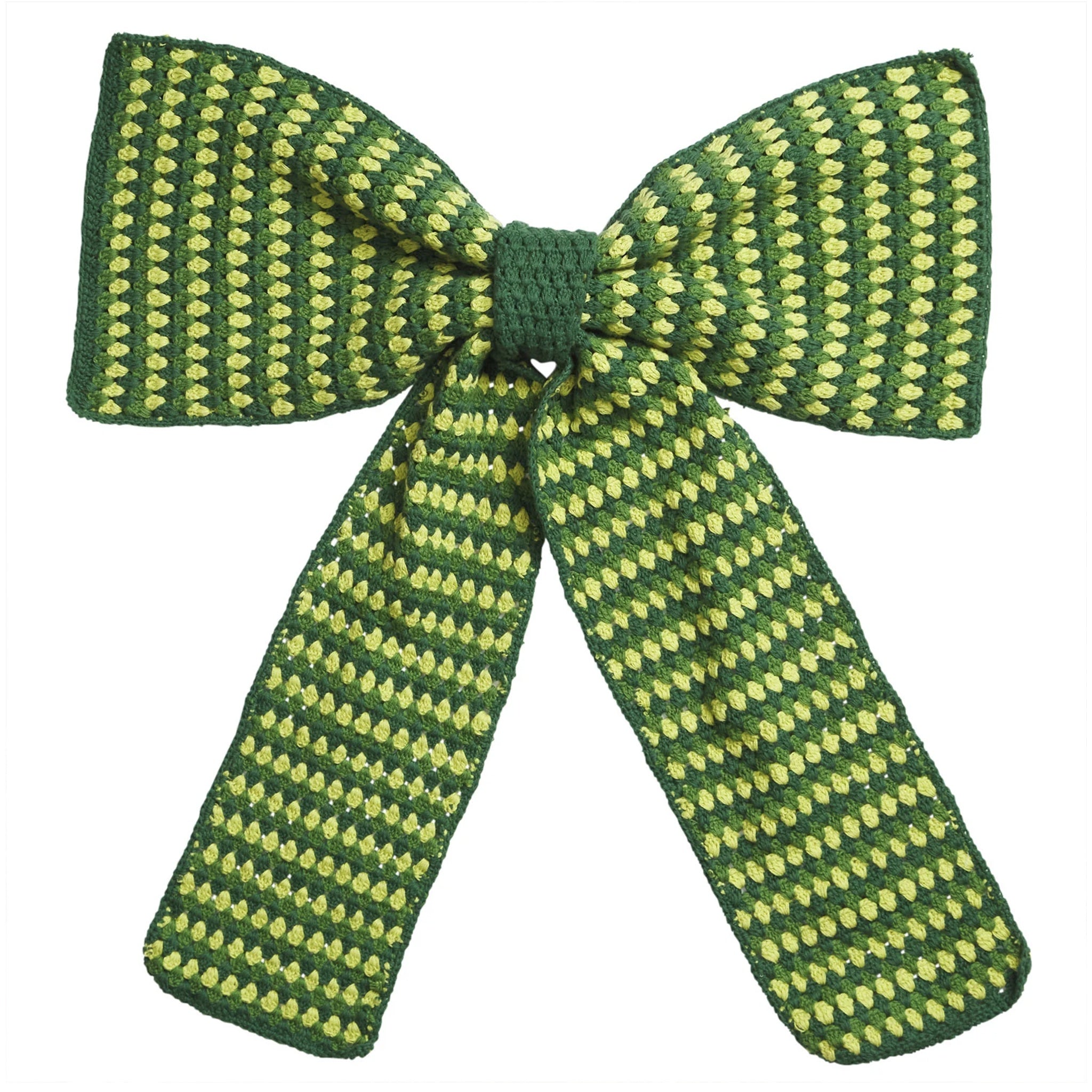 Green and yellow striped bow on a white background