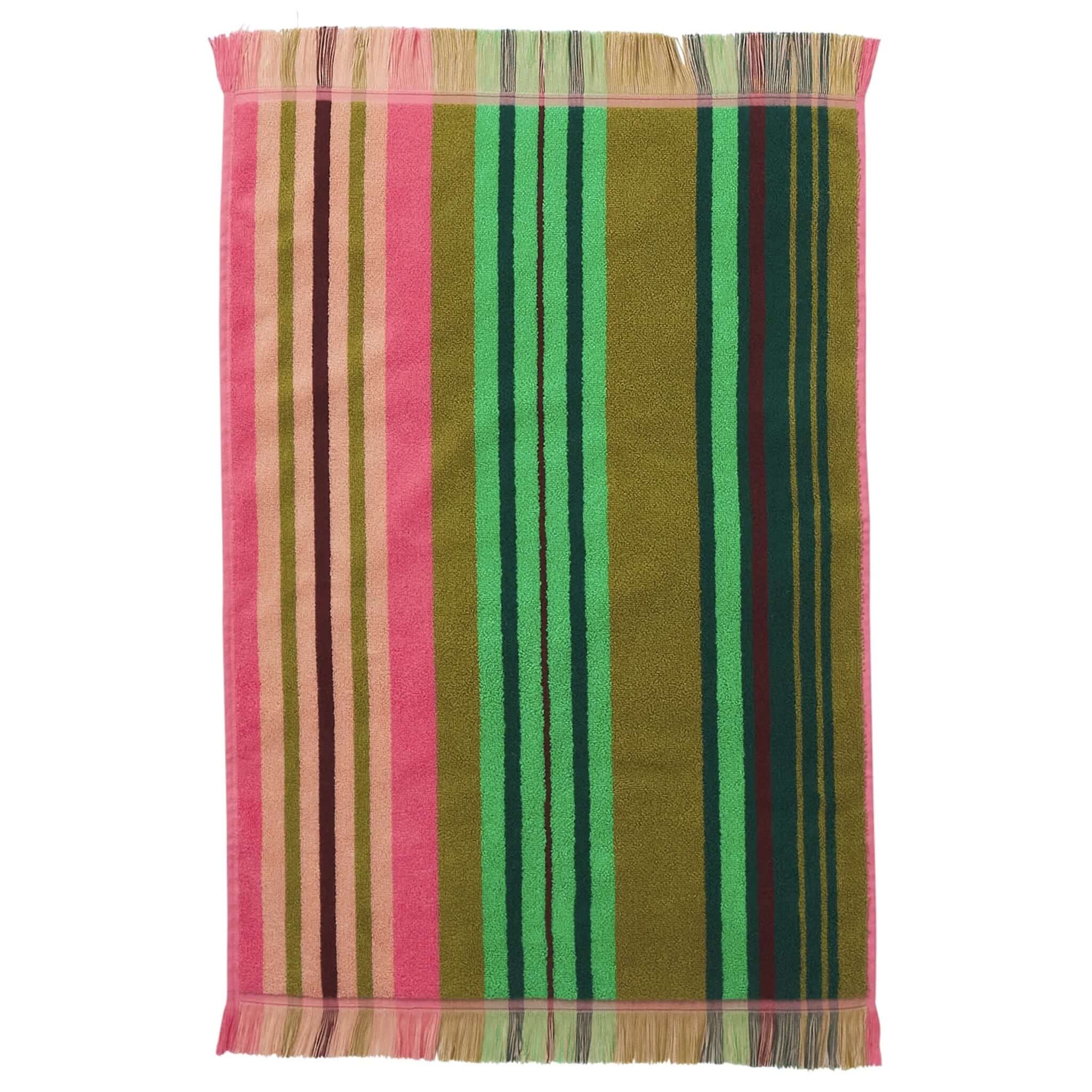 Alt Tag: Sage x Clare Nicolette Hand Towel - Juniper striped terry hand towel with fringe, soft absorbent and quick-drying