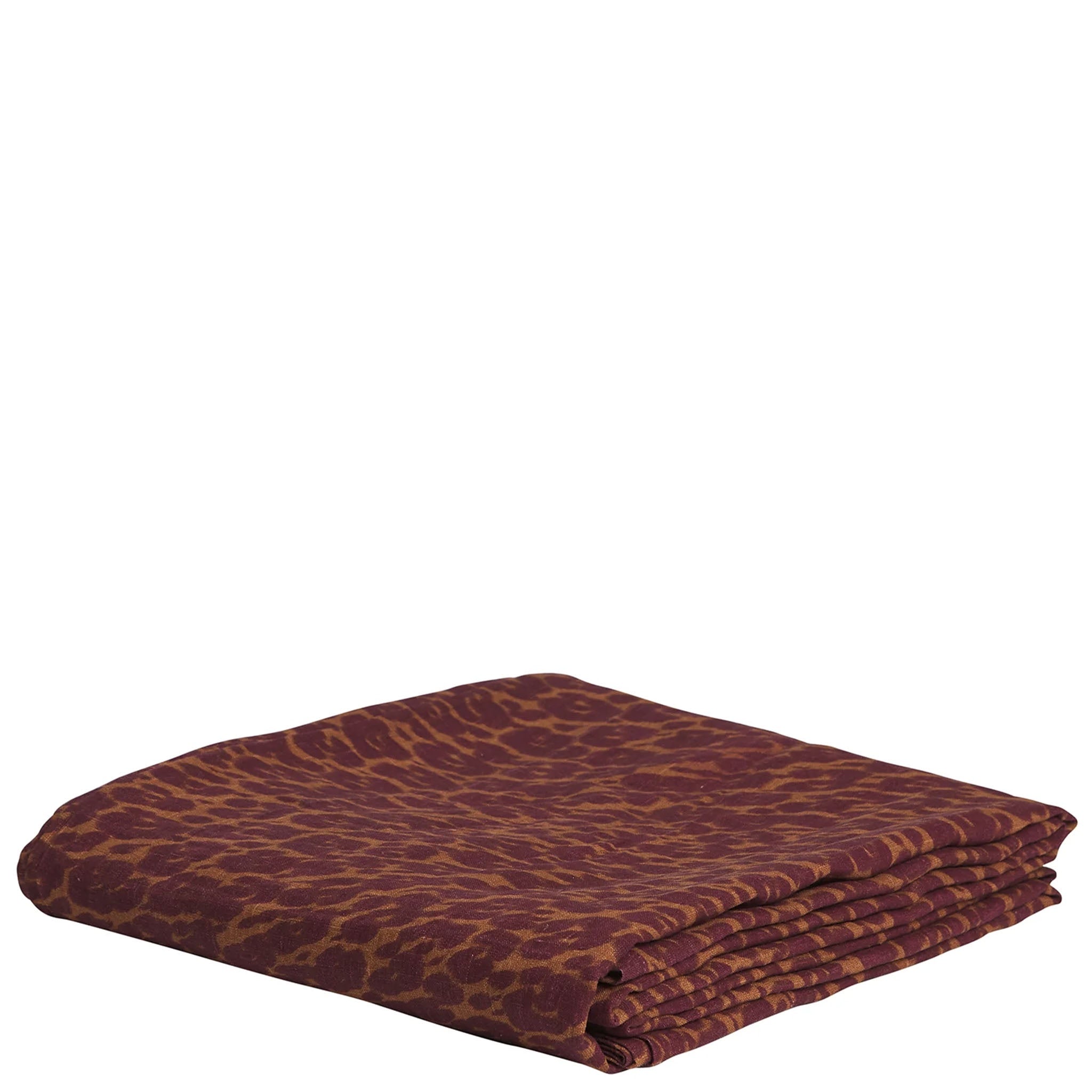 A folded brown and beige patterned linen fitted sheet.