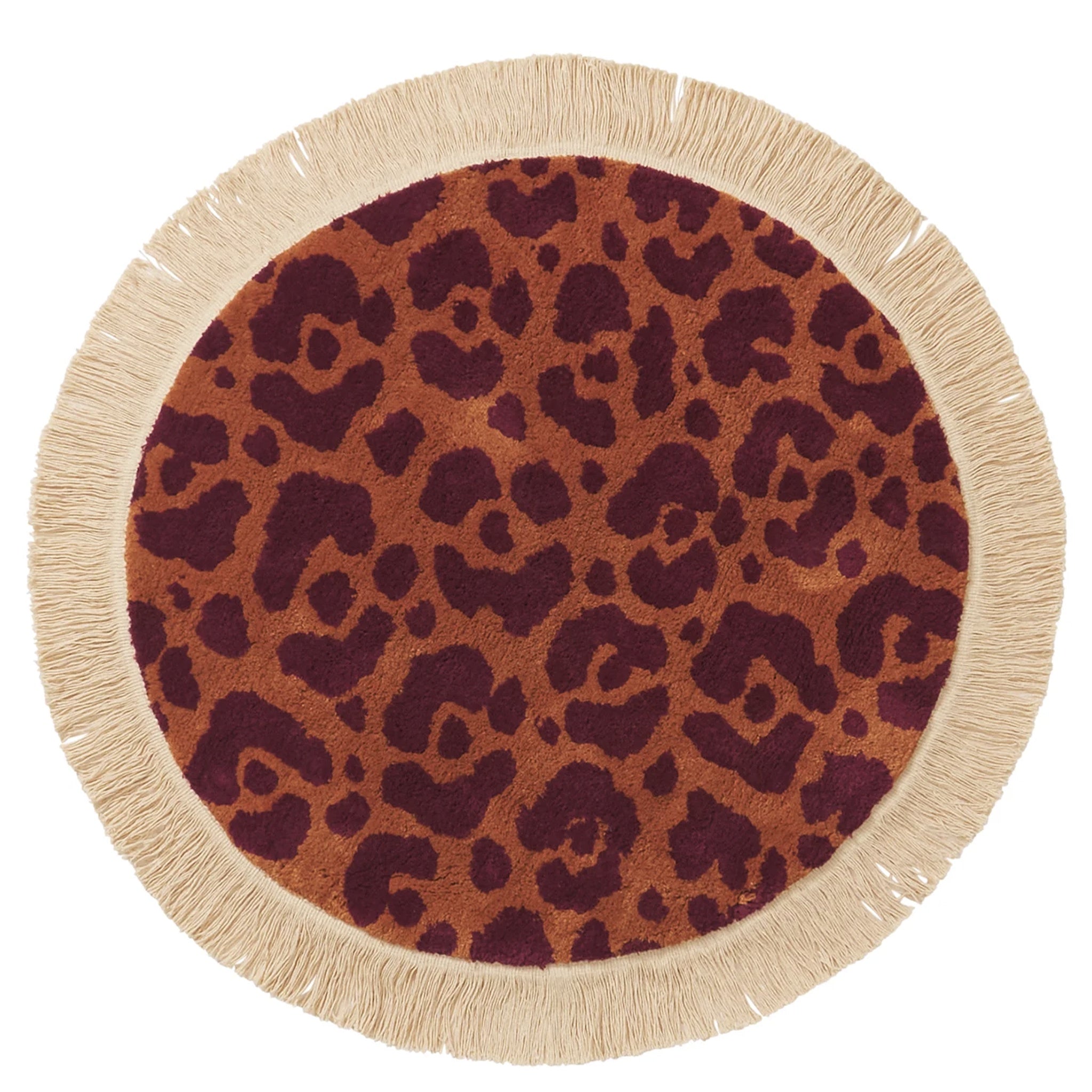 Round rug with leopard print pattern and beige fringe on a white background