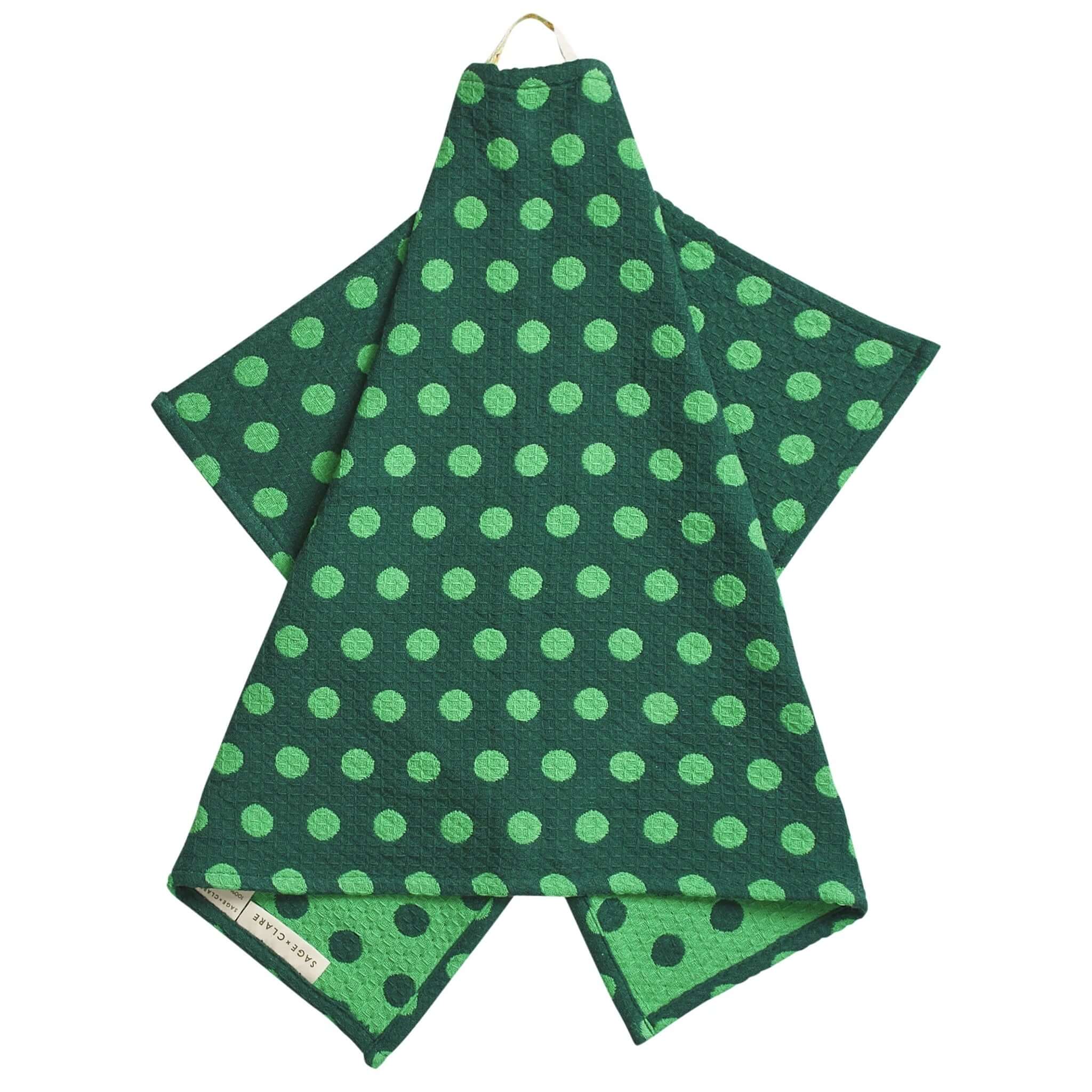 Alt Tag: Sage x Clare Paige Organic Cotton Tea Towel - Verdant green spot waffle weave tea towel, soft absorbent kitchen towel