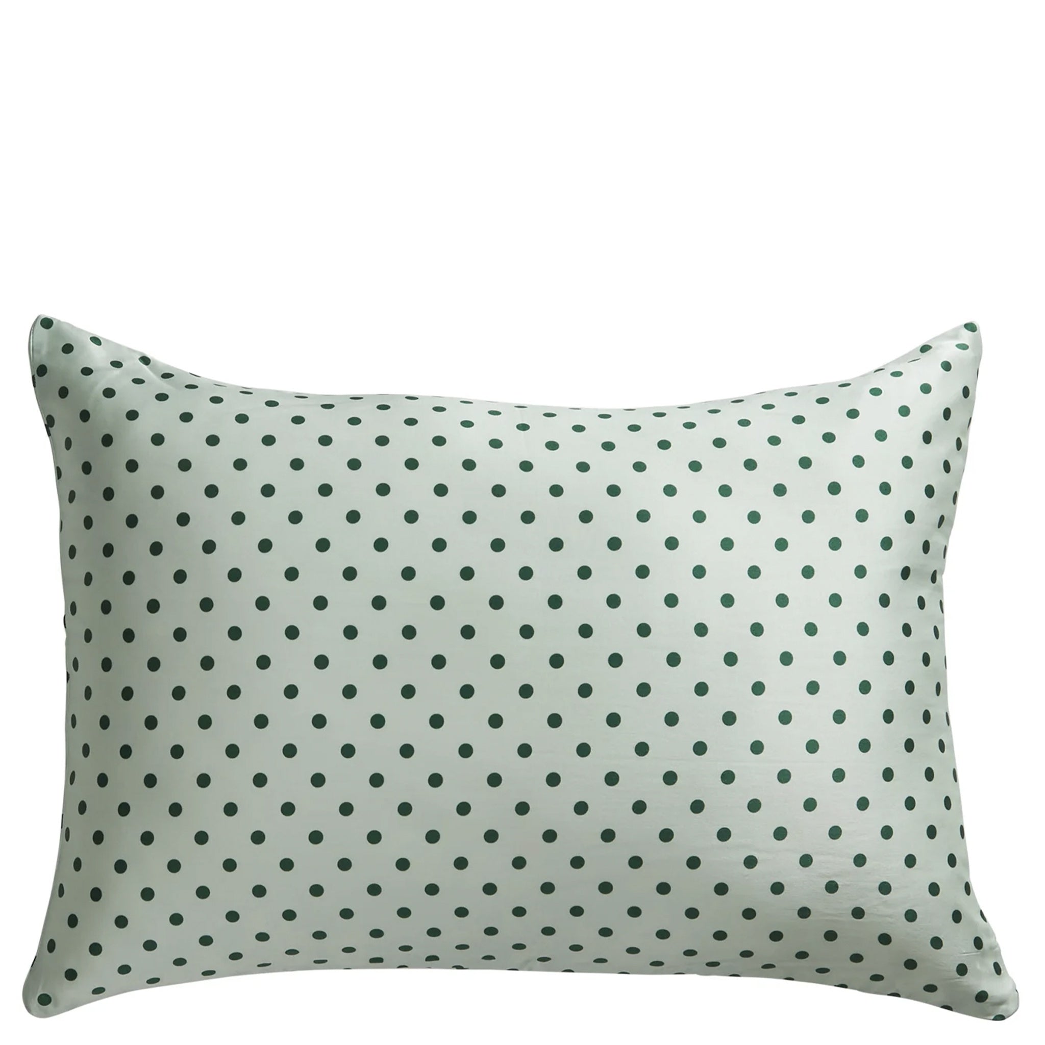 A rectangular silk pillowcase in a light green color with a small, regular pattern of darker green dots.