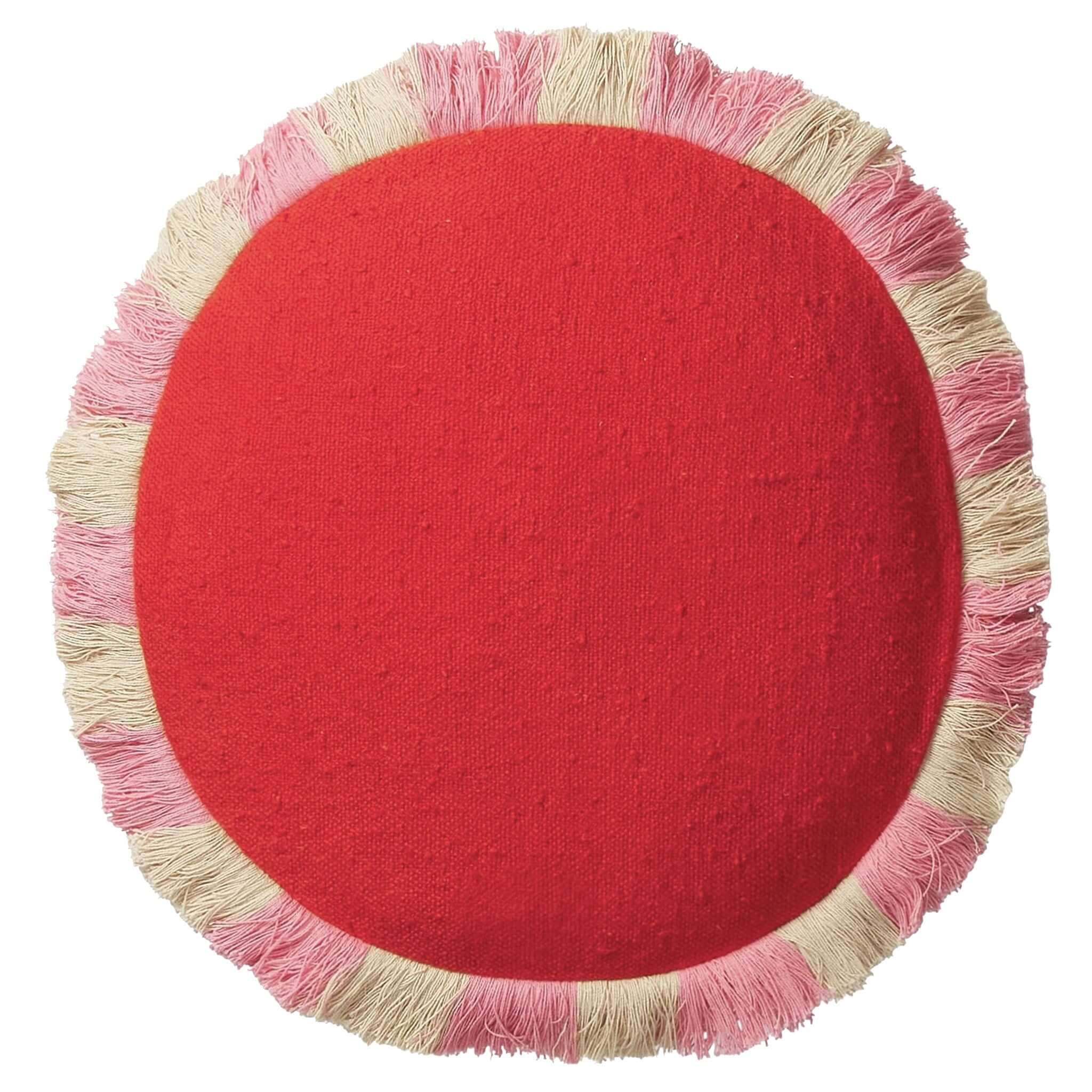 Sage x Clare Reese Round Cushion - Poppy with textured poppy-red cotton and pink sand fringe.