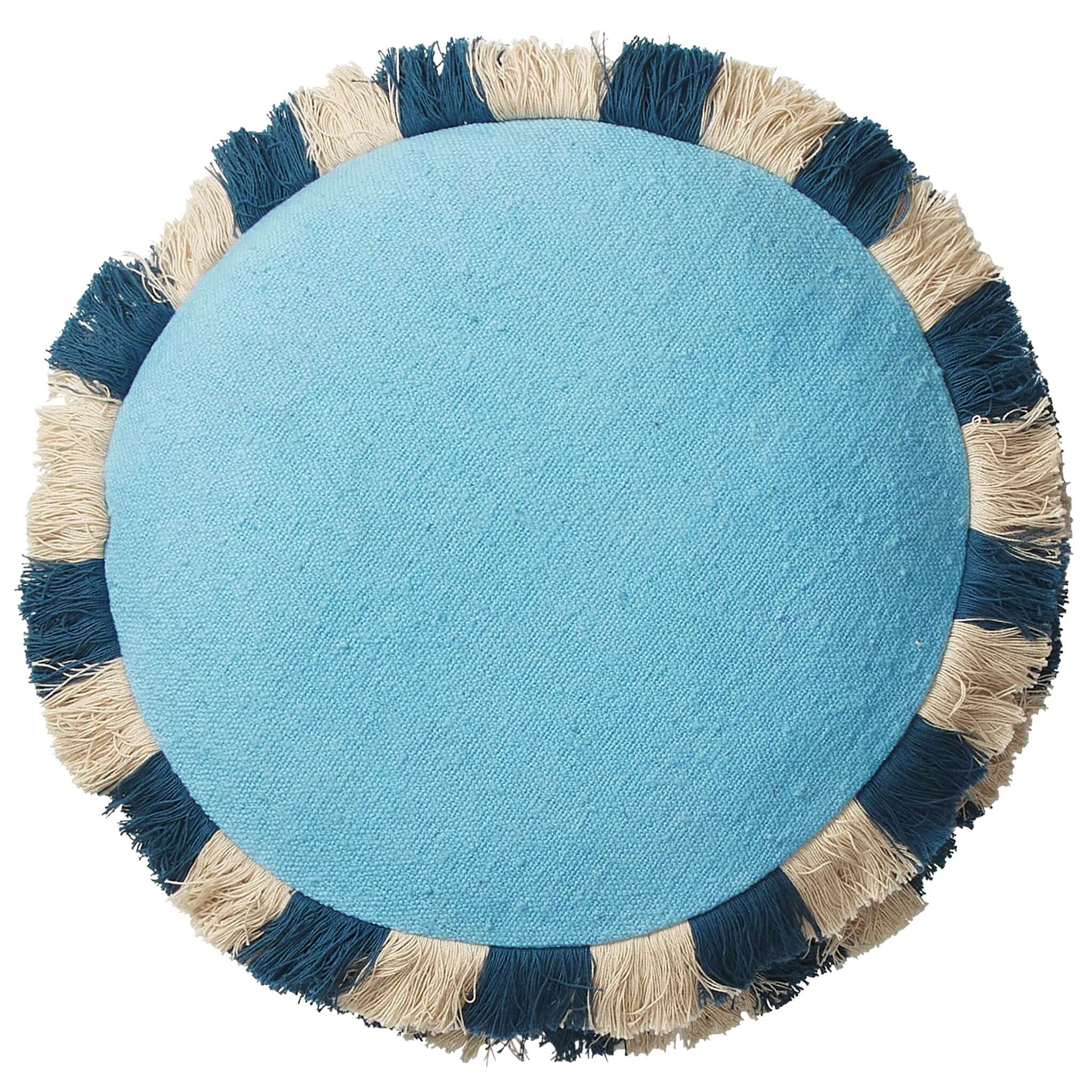 Sage x Clare Reese Round Cushion - Turqouise with textured turquoise cotton and playful navy and cream fringe.