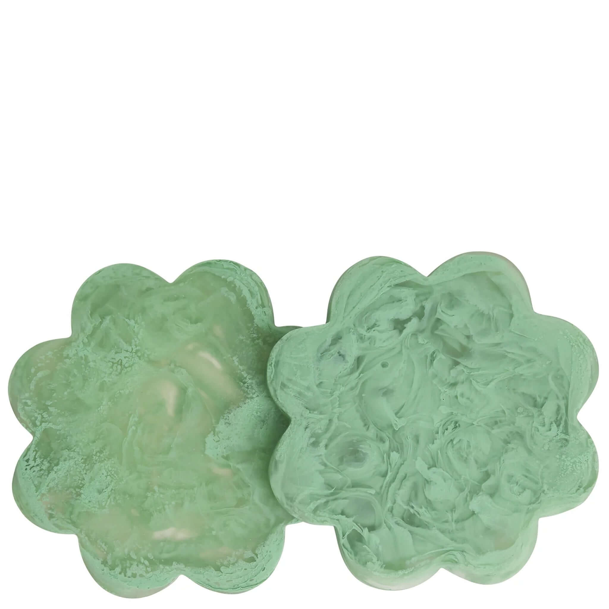 Alt Tag: Sage x Clare Resin Cecilia Coaster Set - Emerald green floral resin coasters set of 2 with scalloped flower edges
