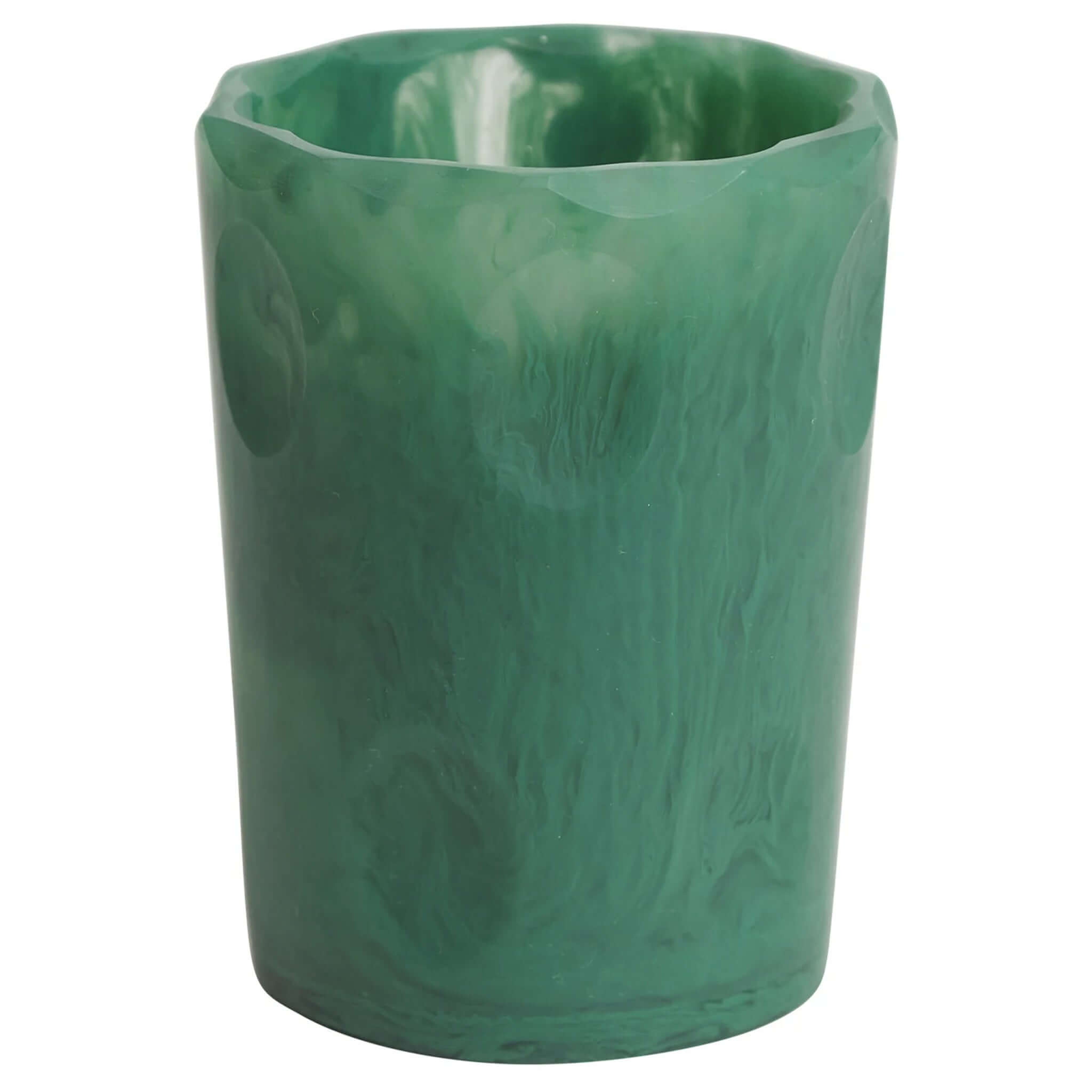 A green resin drinking vessel with a cylindrical shape and smooth surface.