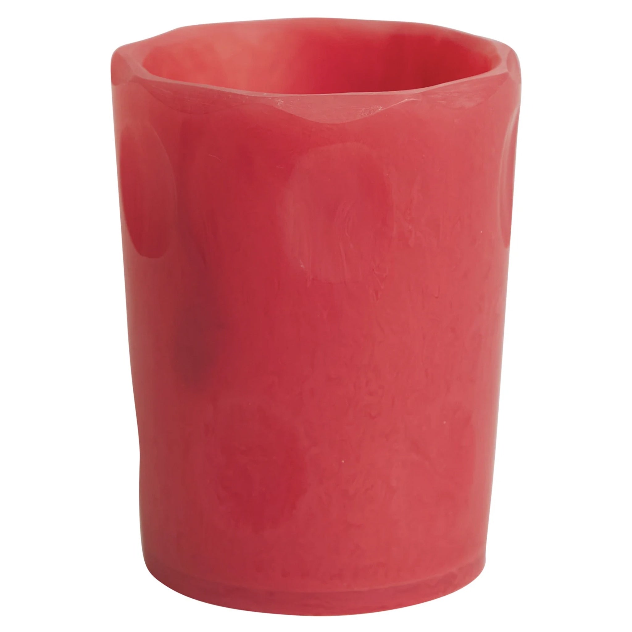 A red, solid-colored resin drinking vessel with a rounded shape and a flat base, designed for serving chilled beverages.