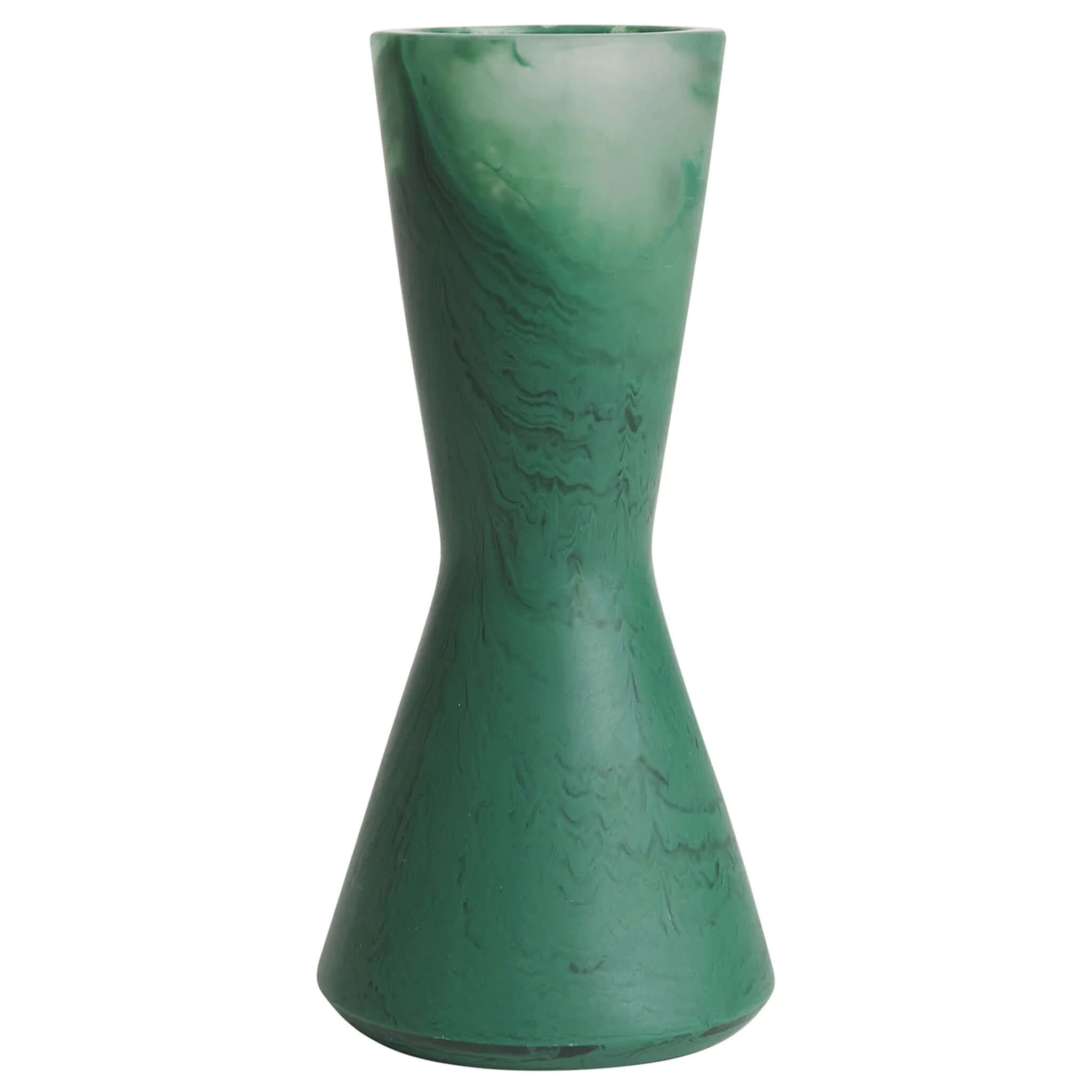 Green resin vase on a white background.