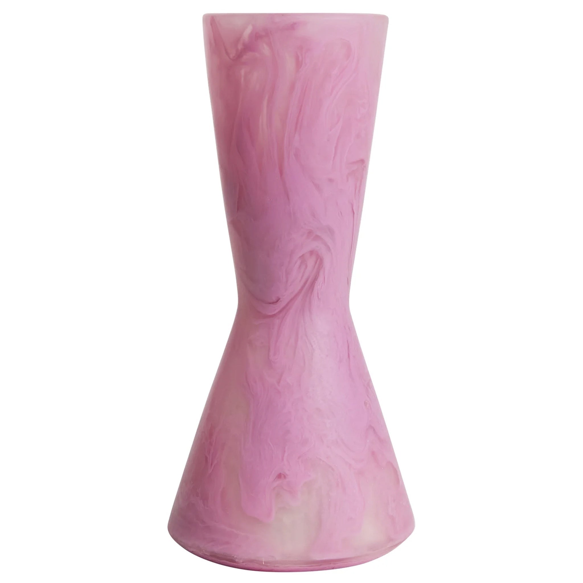 A conical resin vase with a fuchsia color and a swirl pattern design.