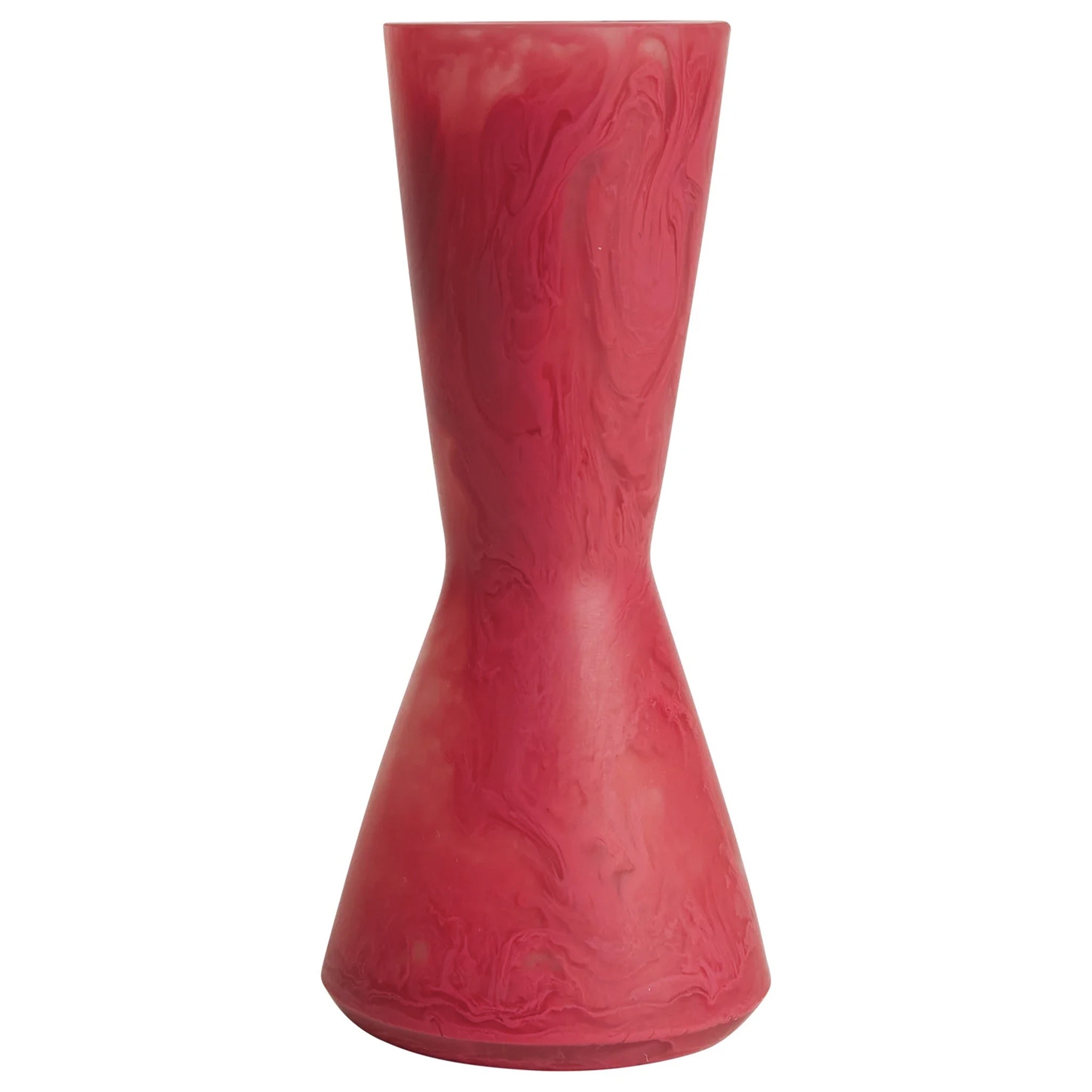 A conical resin vase with a raspberry red color, featuring a smooth surface without any patterns or textures.