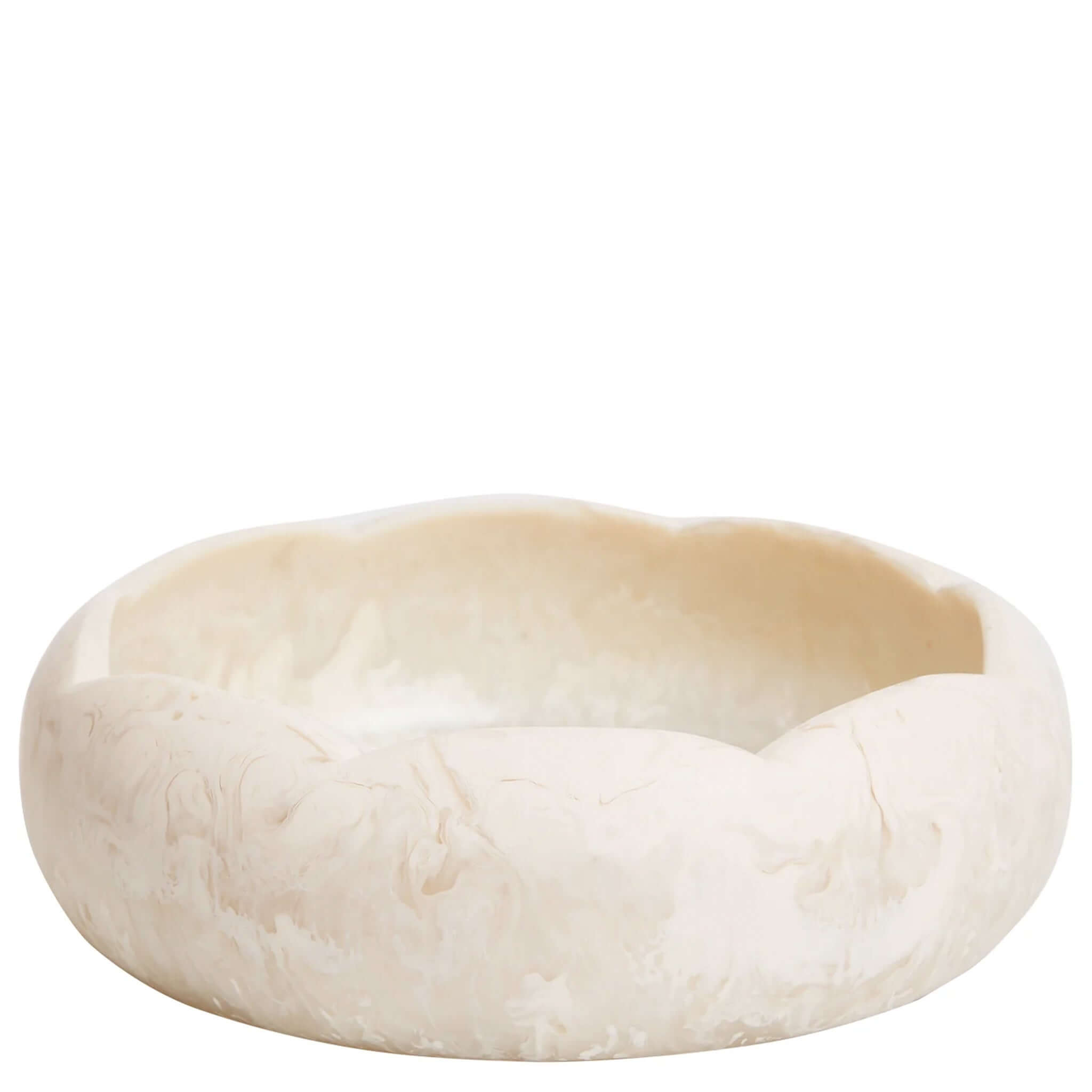 Alt Tag: Sage x Clare Resin Kabrina Bowl - Crema hand-swirled resin bowl with scalloped edge, cream marbled finish for salads or fruit