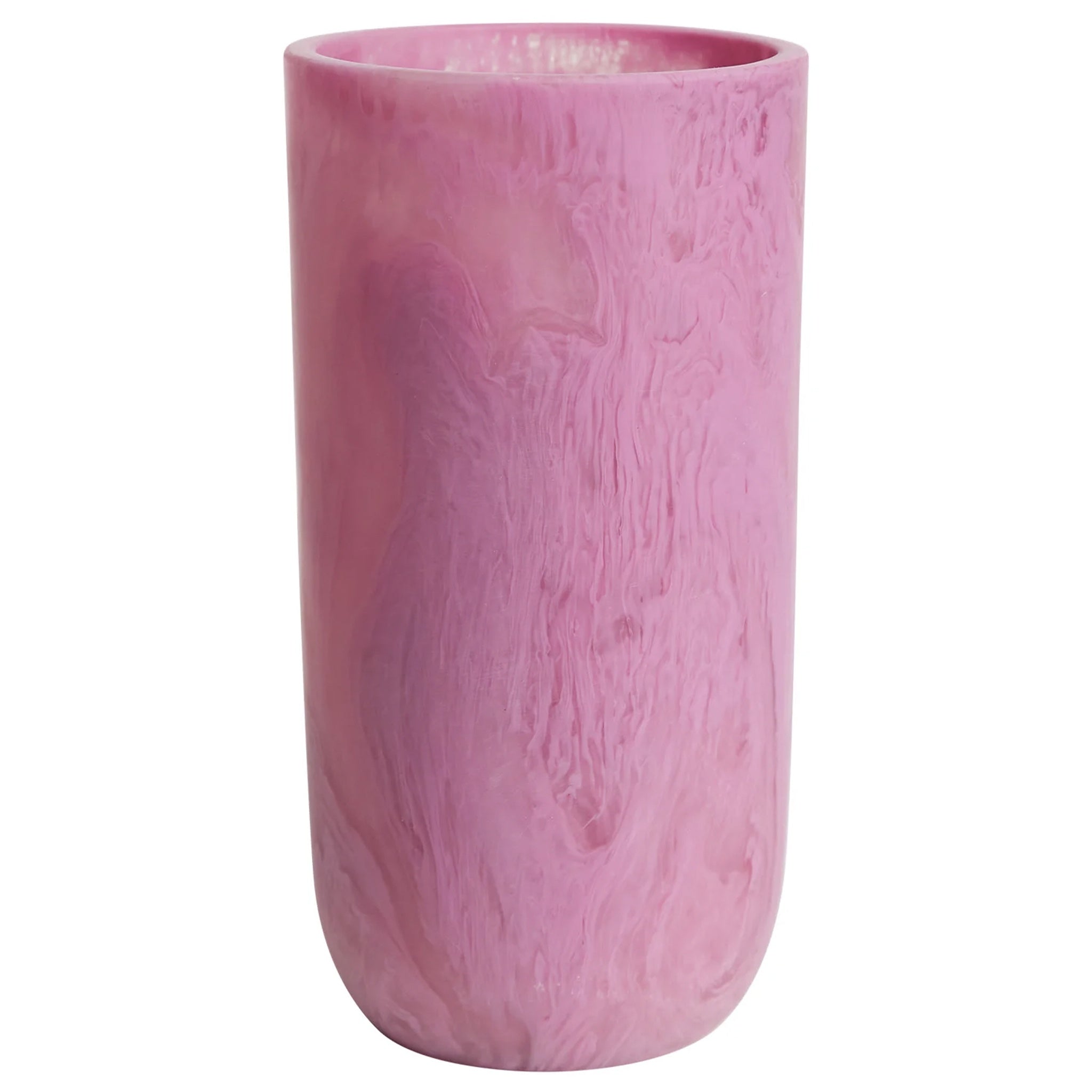 A pink cylindrical vase, the Sage x Clare Kalinda Vase, with a textured surface.