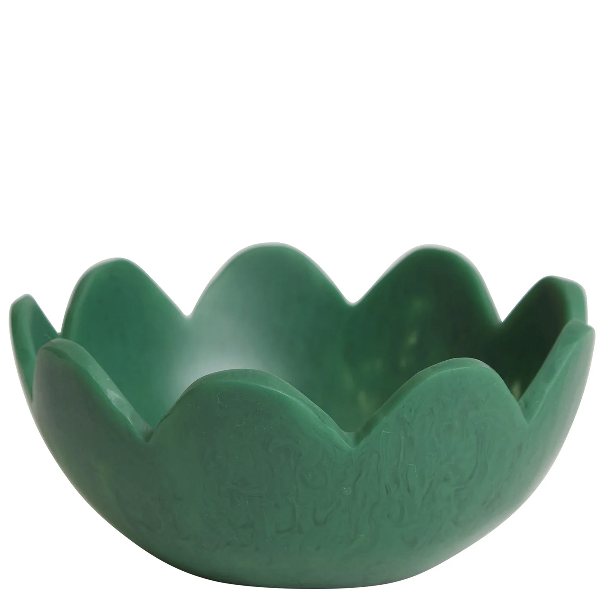 A green, resin petal-shaped bowl with scalloped edges.