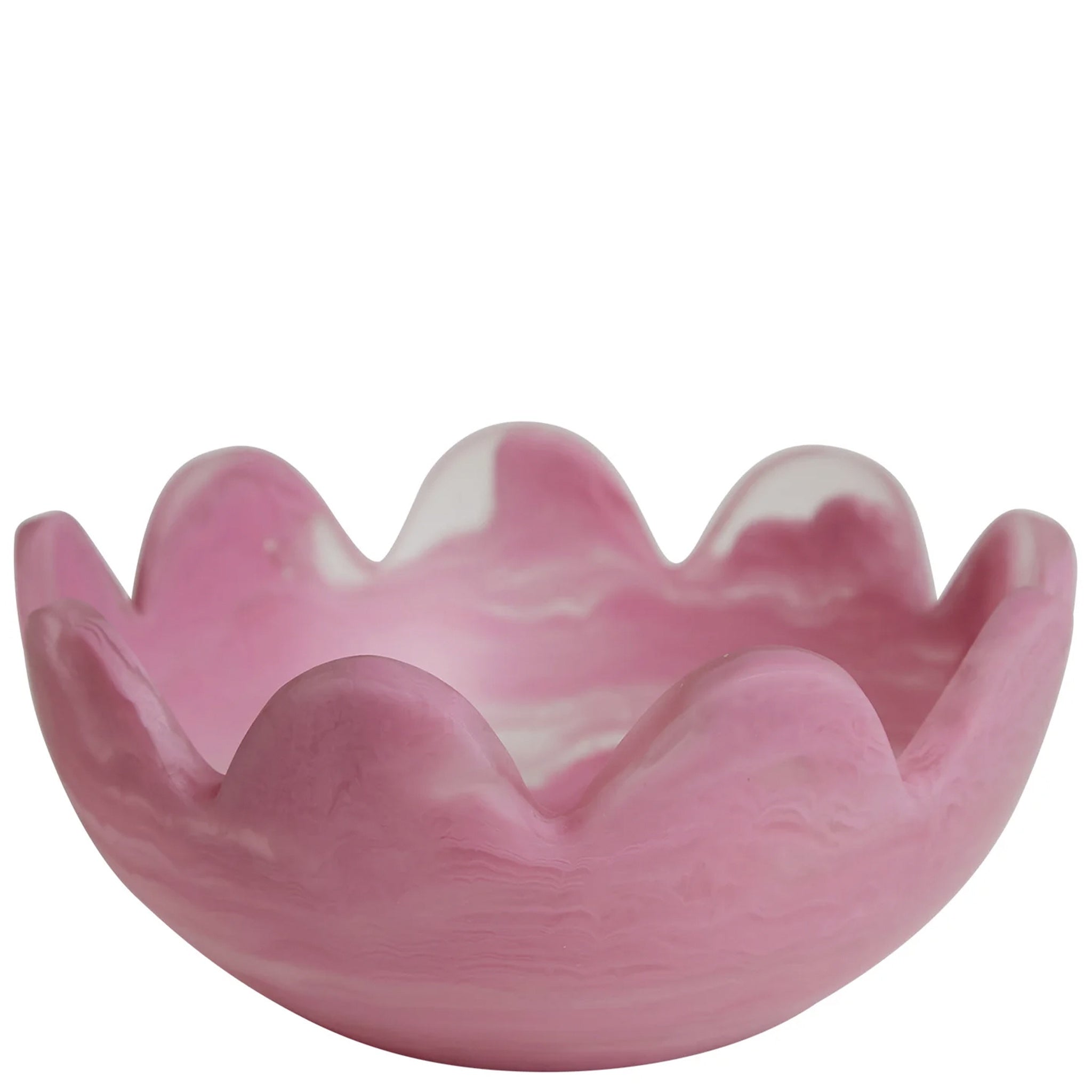 A fuchsia pink resin petal bowl with scalloped edges on a white background.