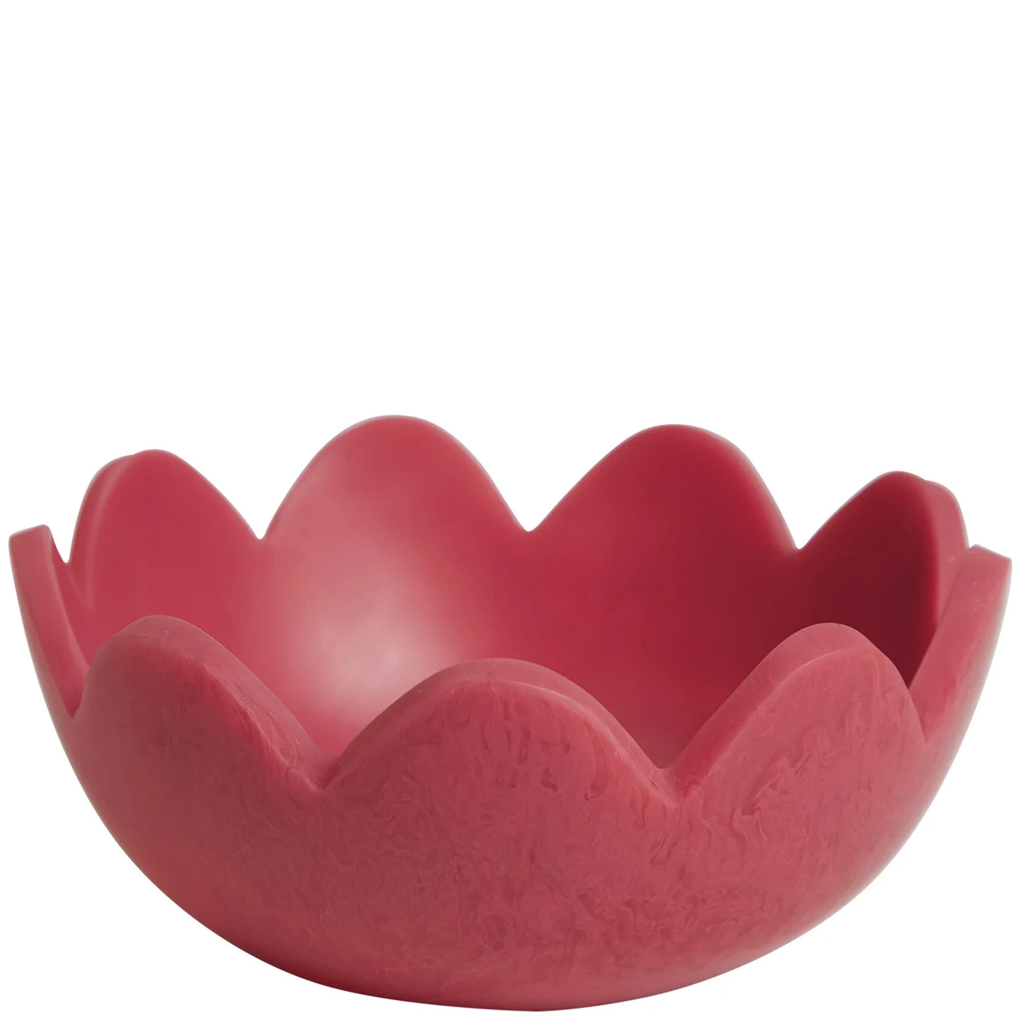A raspberry red resin petal bowl with scalloped edges on a white background.