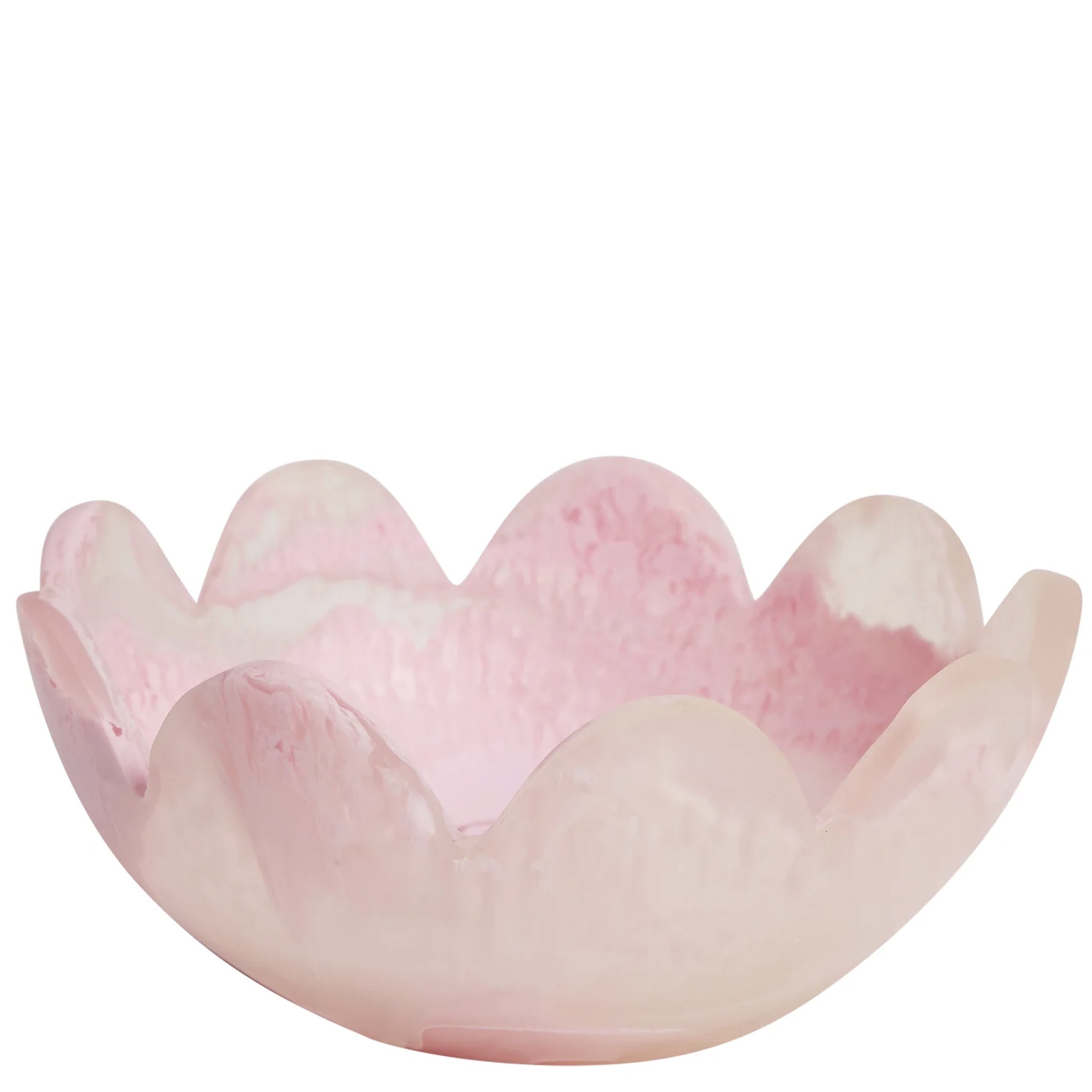 A pink resin petal-shaped bowl with scalloped edges.