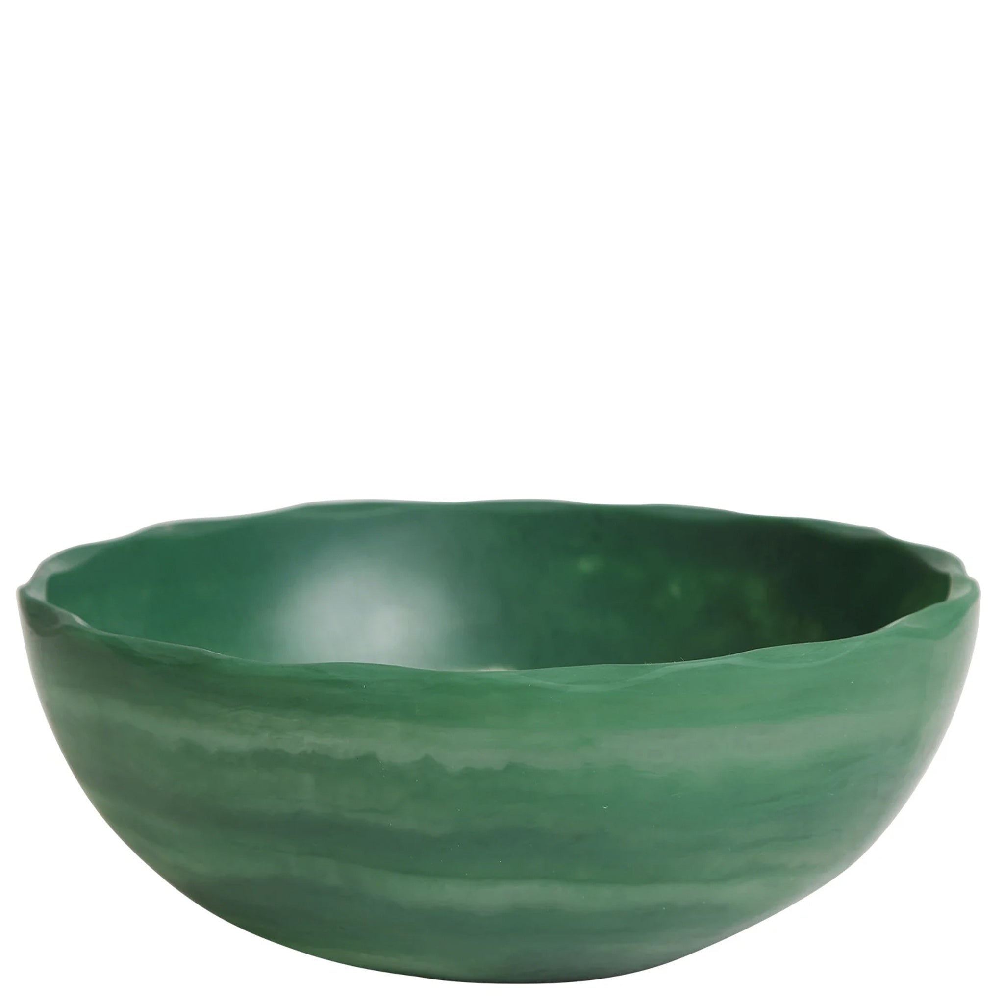 A round green resin bowl with a rustic finish.