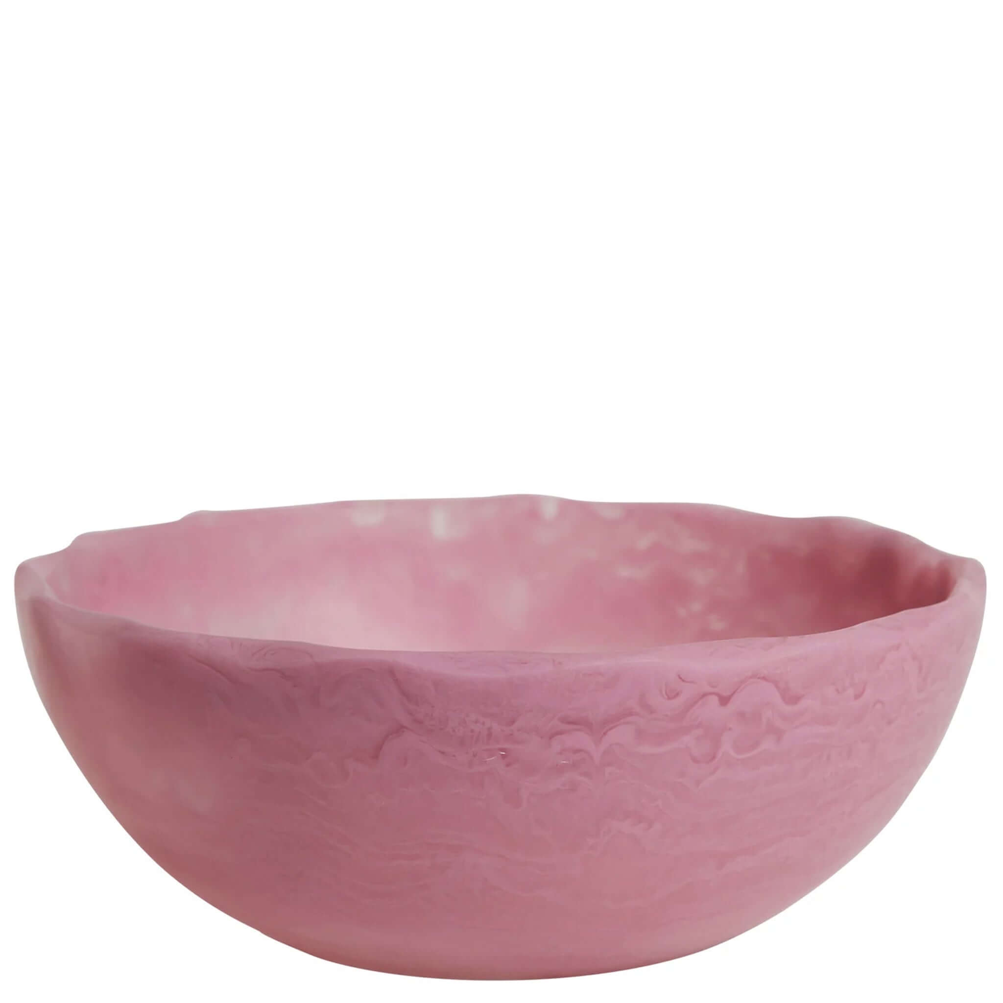 A round, pink resin bowl with a textured pattern, individually cast with moulds.