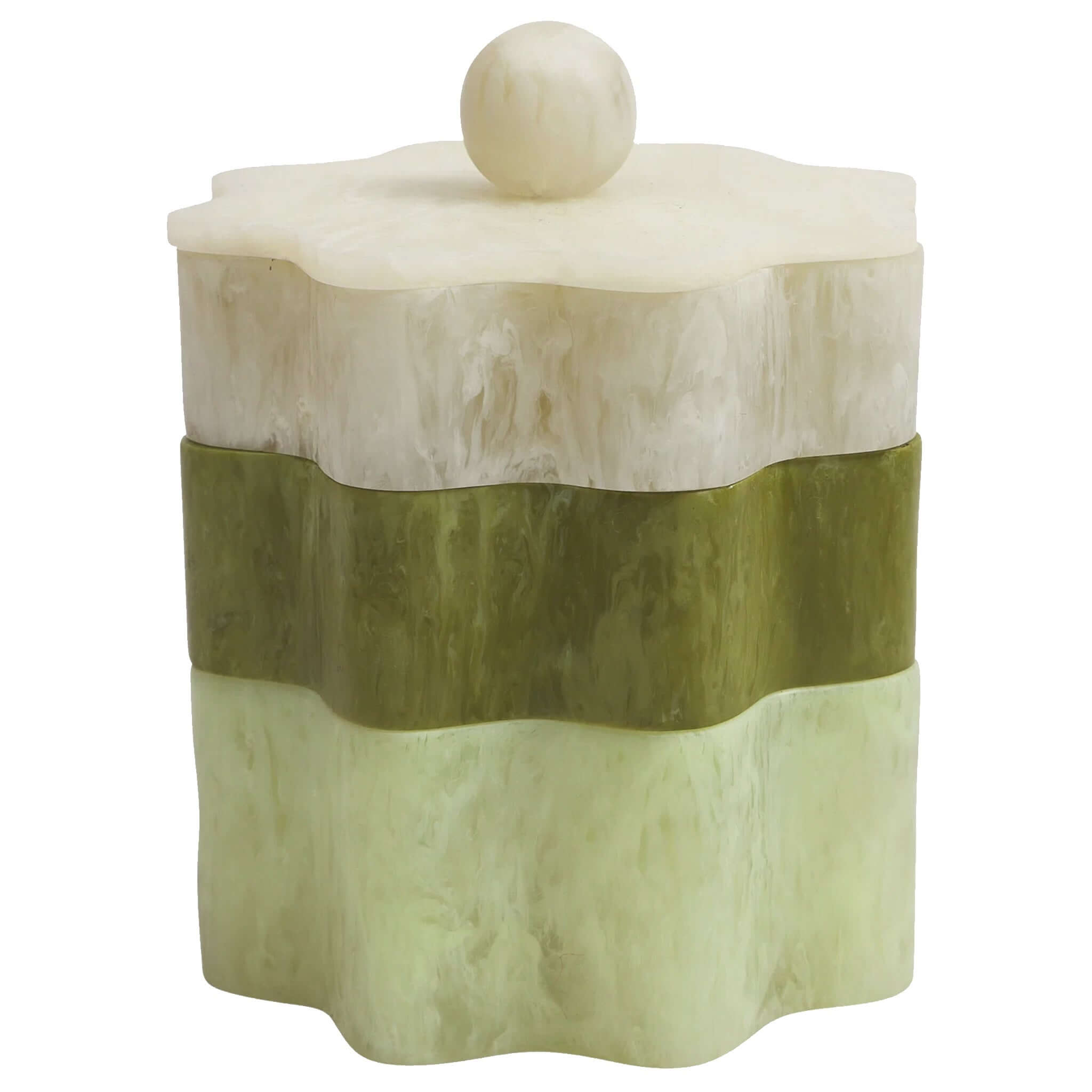 Sage x Clare Resin Sophie Stacking Jewelry Box Set - Pearl in starburst shape with ivory, olive, and pistachio tiers.