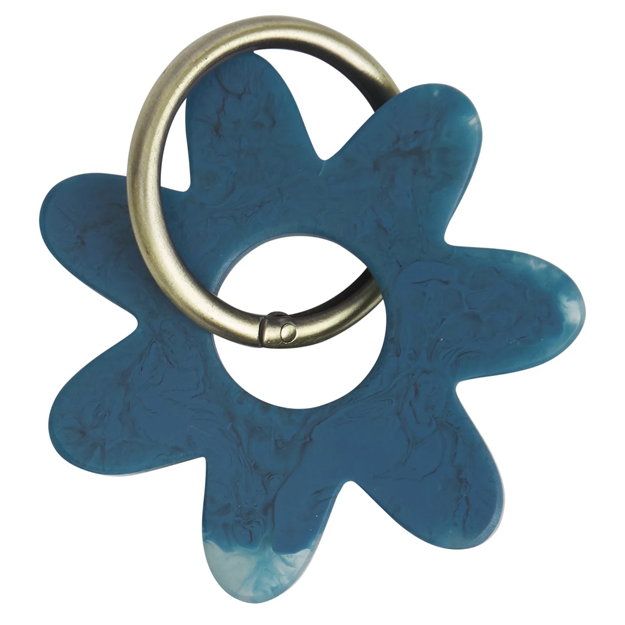 A blue resin keyring in a flower shape with gold-toned hardware.
