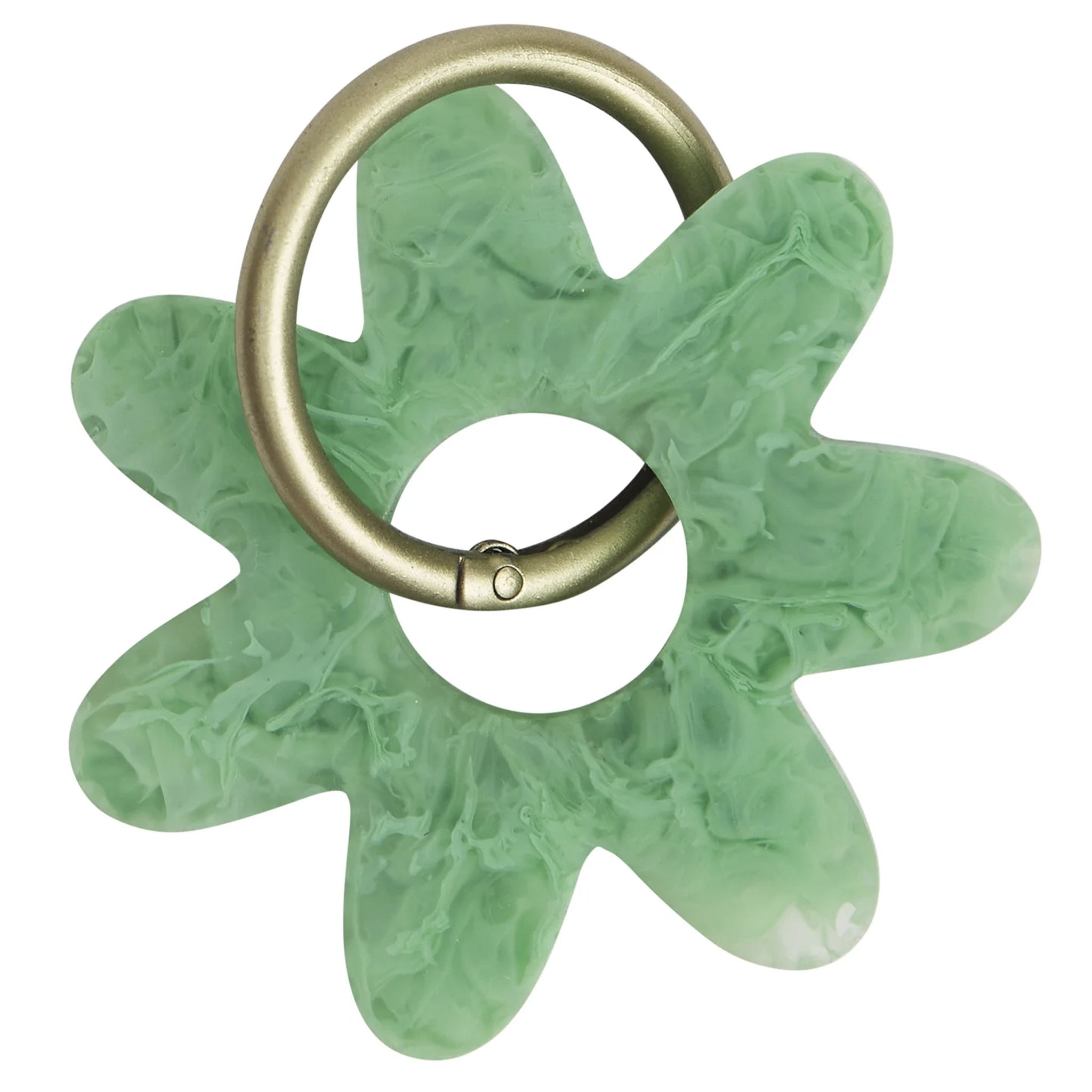 A green resin keyring in a flower shape with gold-toned hardware.