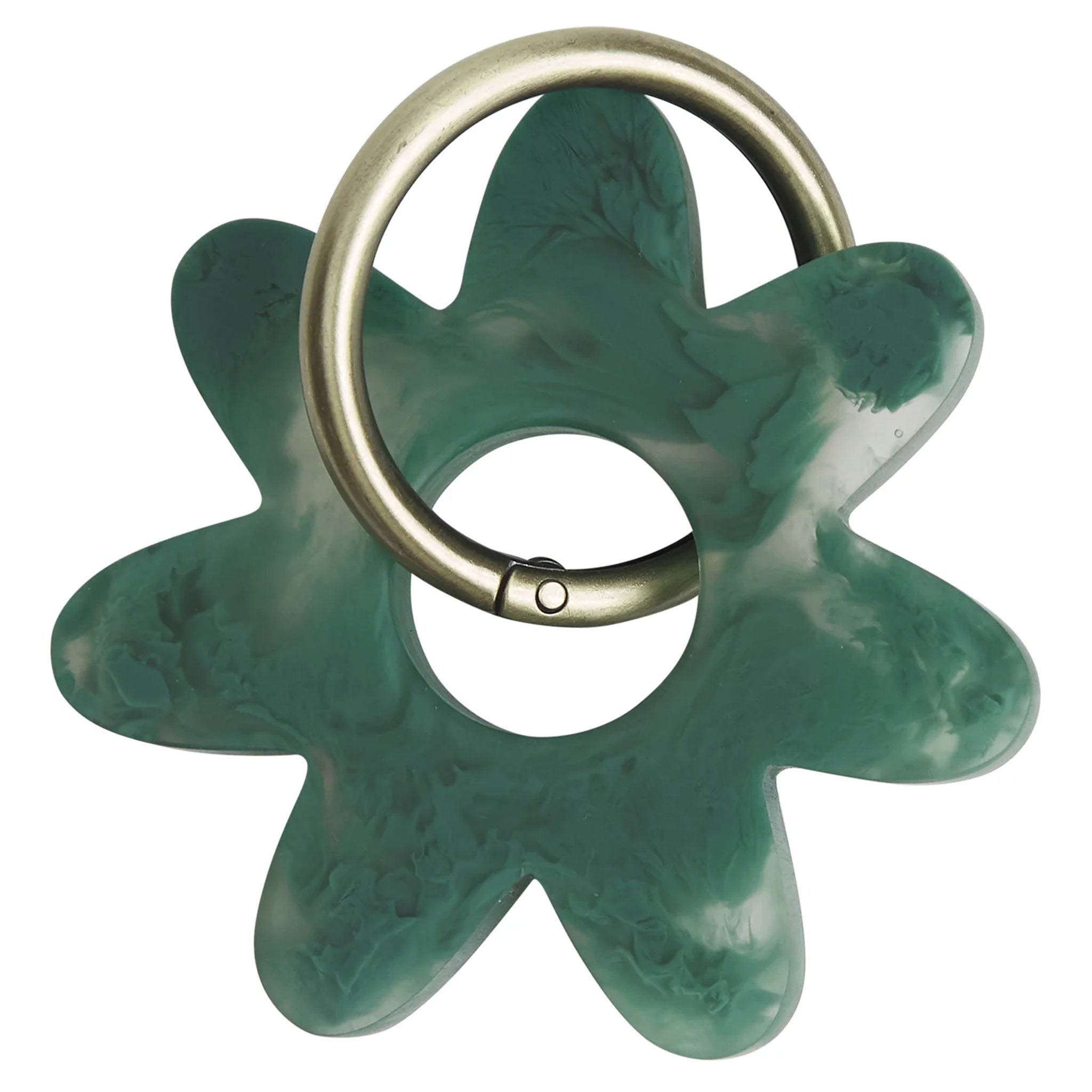 A green resin keyring in a flower shape with gold-toned hardware.