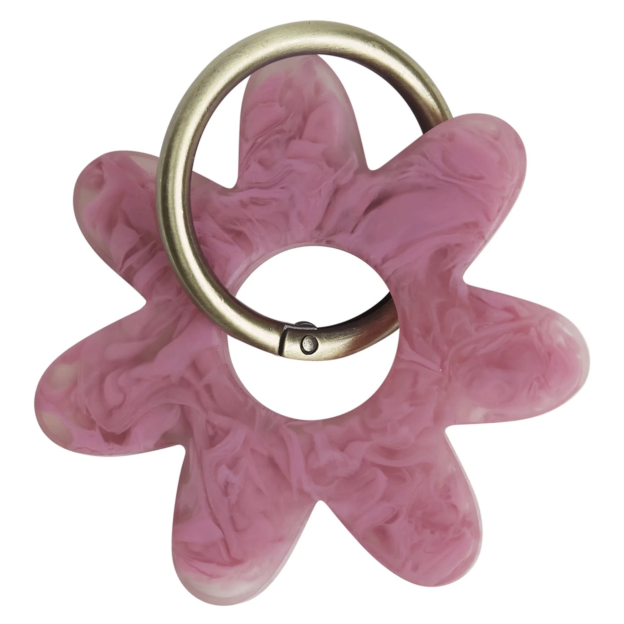 A fuchsia-colored resin Whitney keyring with a flower shape and gold-toned hardware.