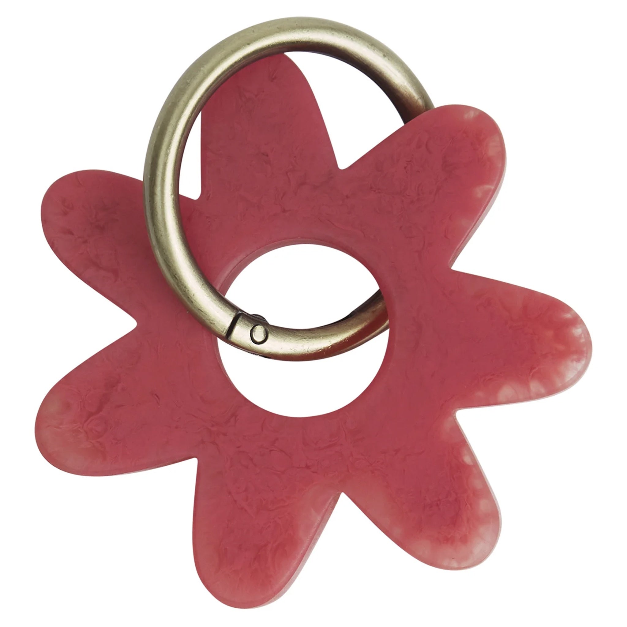 A red flower-shaped keyring made from resin, with a metallic loop for holding keys.