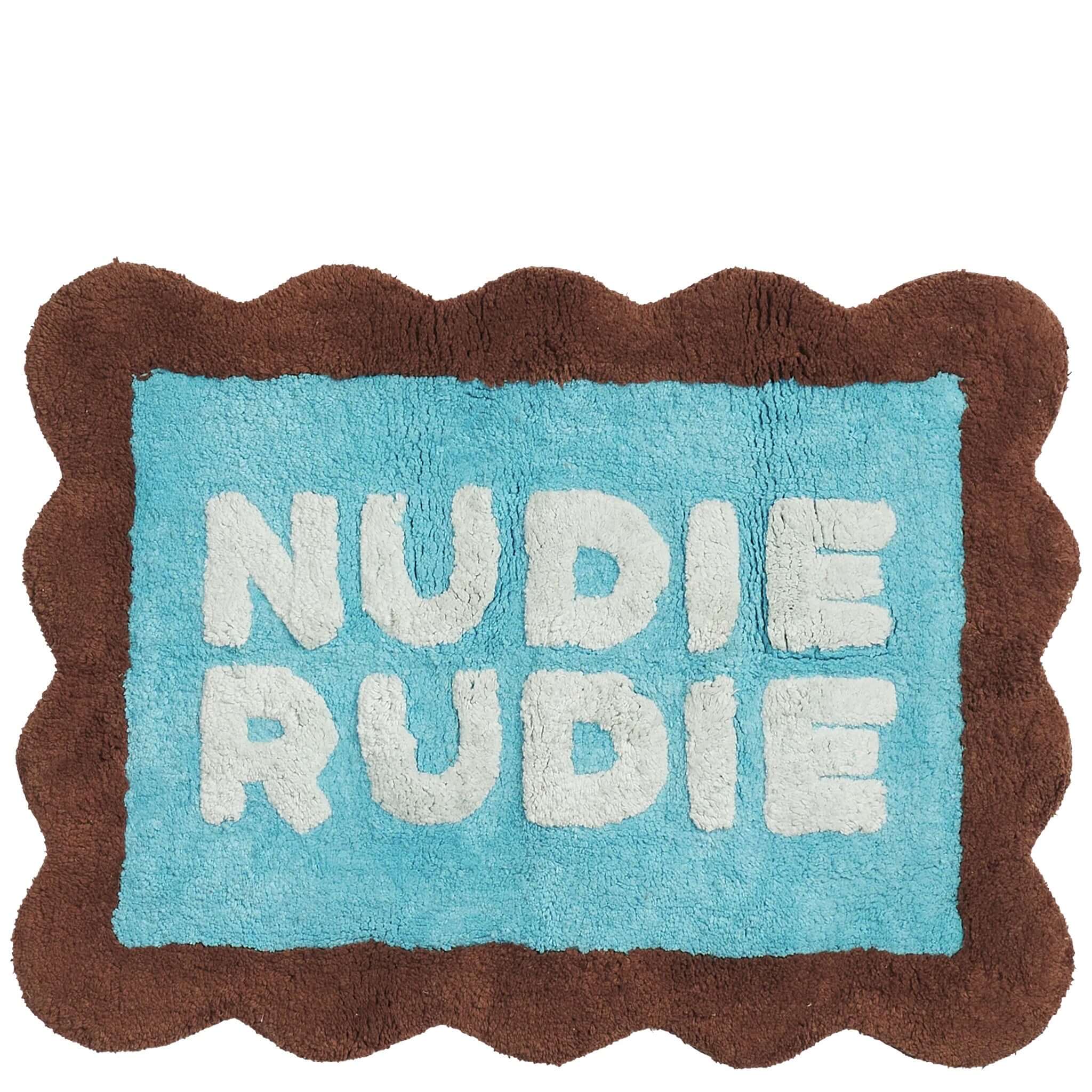 Sage x Clare Romy Nudie Bath Mat Mini - Turquoise in turquoise with mint lettering and chocolate scalloped border.