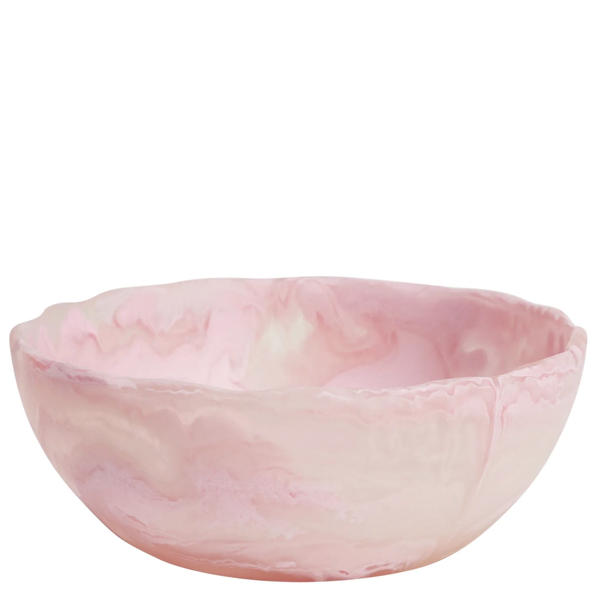 A pink resin bowl with a smooth finish, wide at the top and narrow at the bottom, on a plain background.